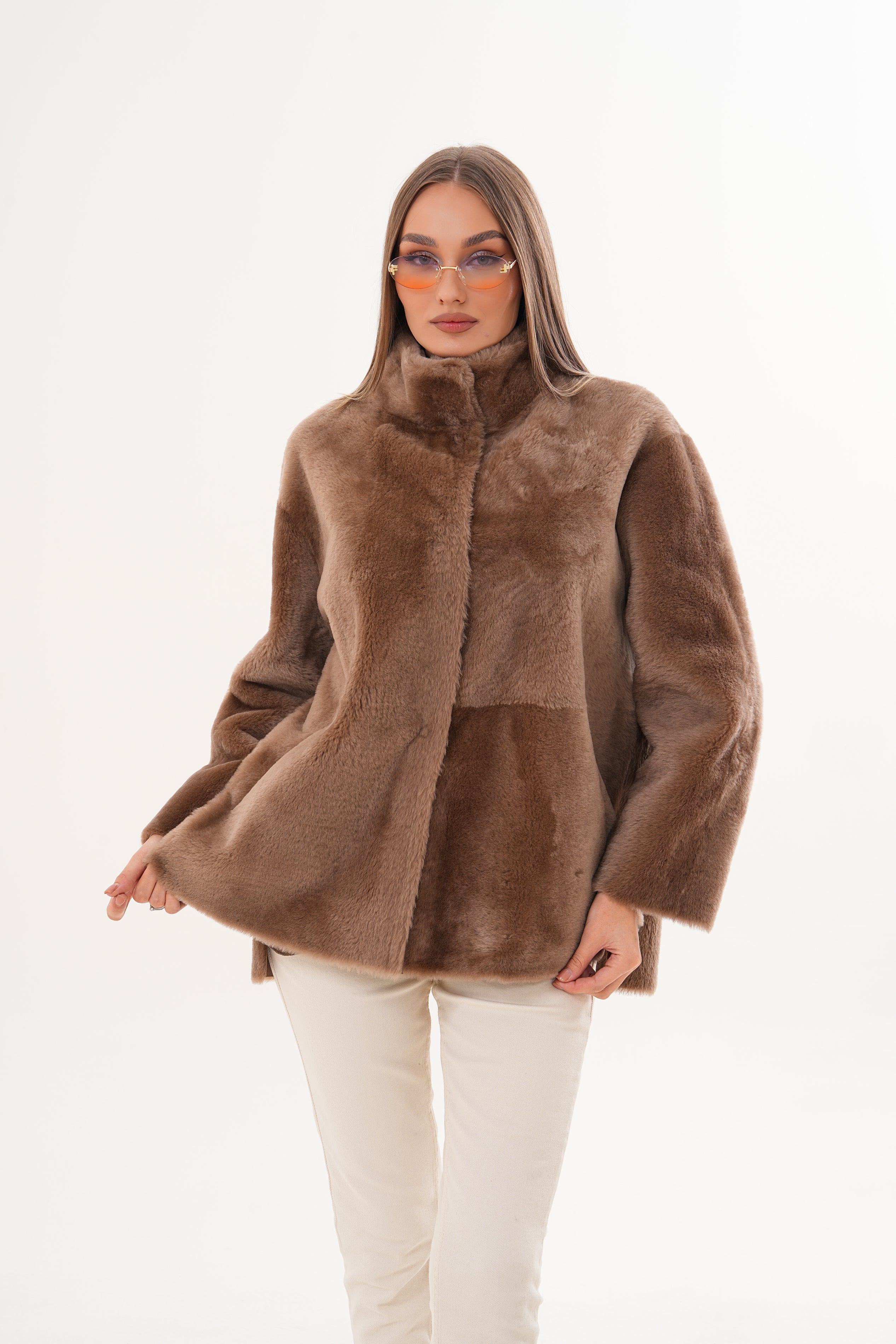 The Belluna Camel Reversible Shearling Women Jacket - Image 11