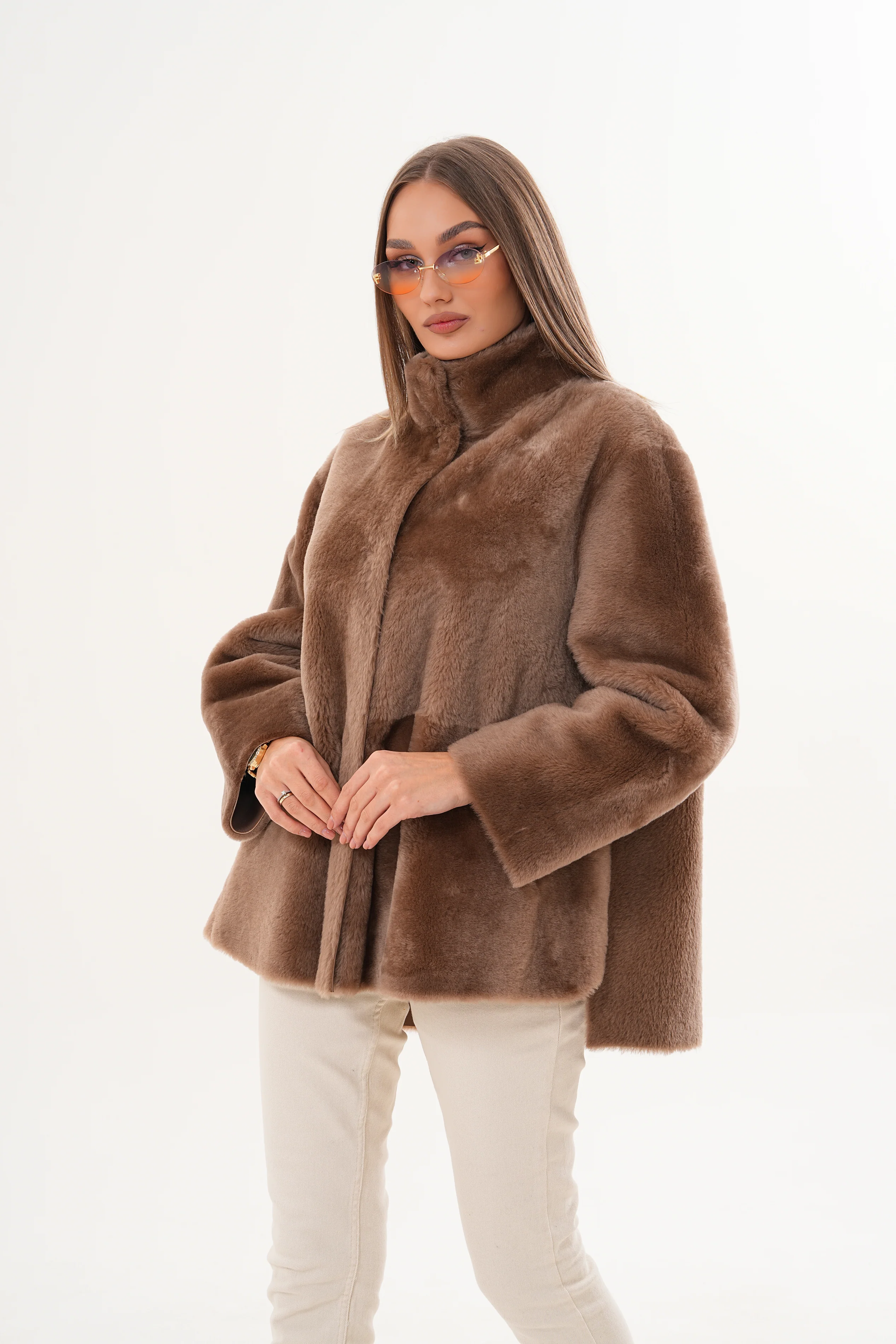 The Belluna Camel Reversible Shearling Women Jacket - Image 13
