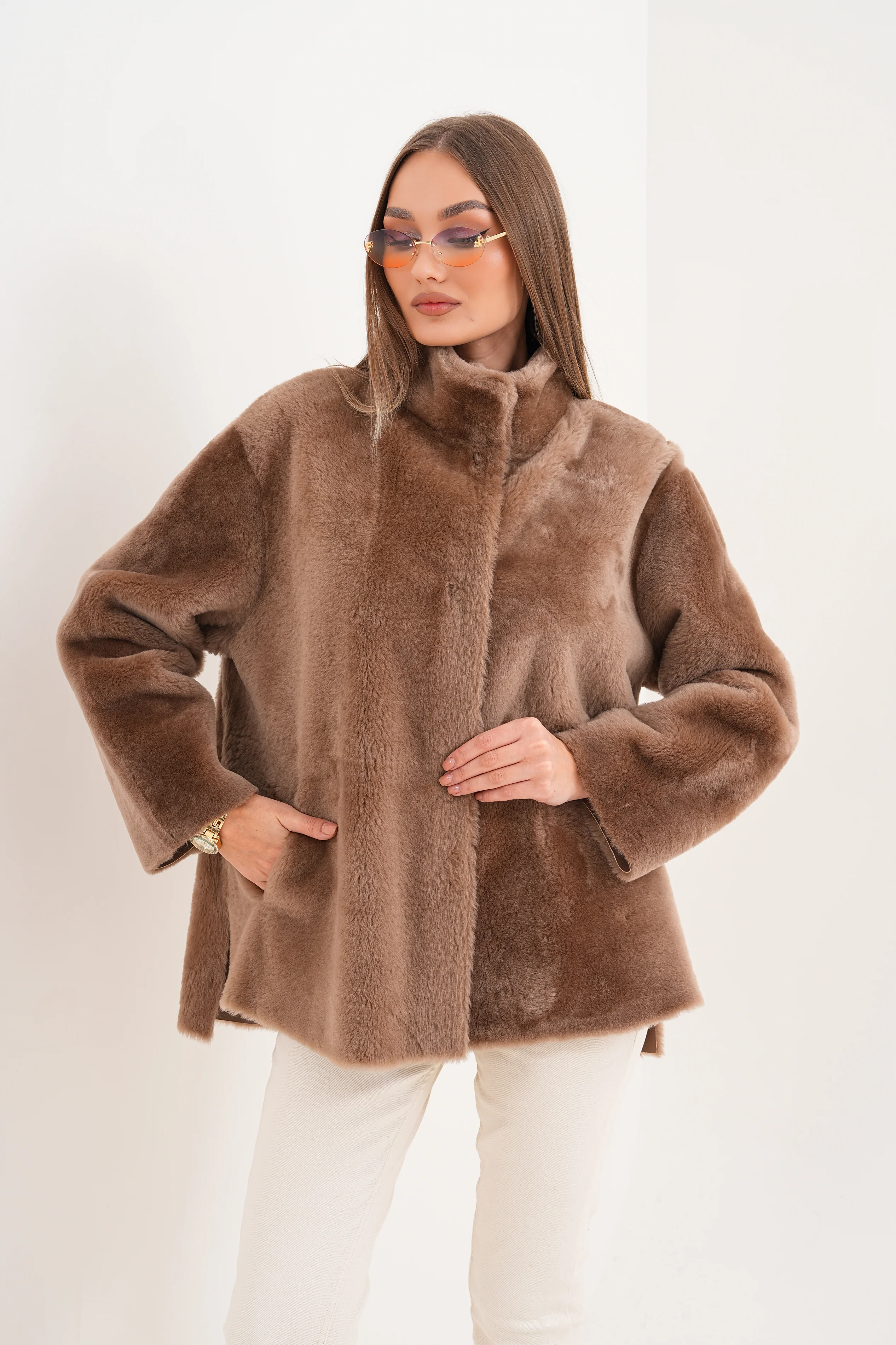 The Belluna Camel Reversible Shearling Women Jacket - Image 15