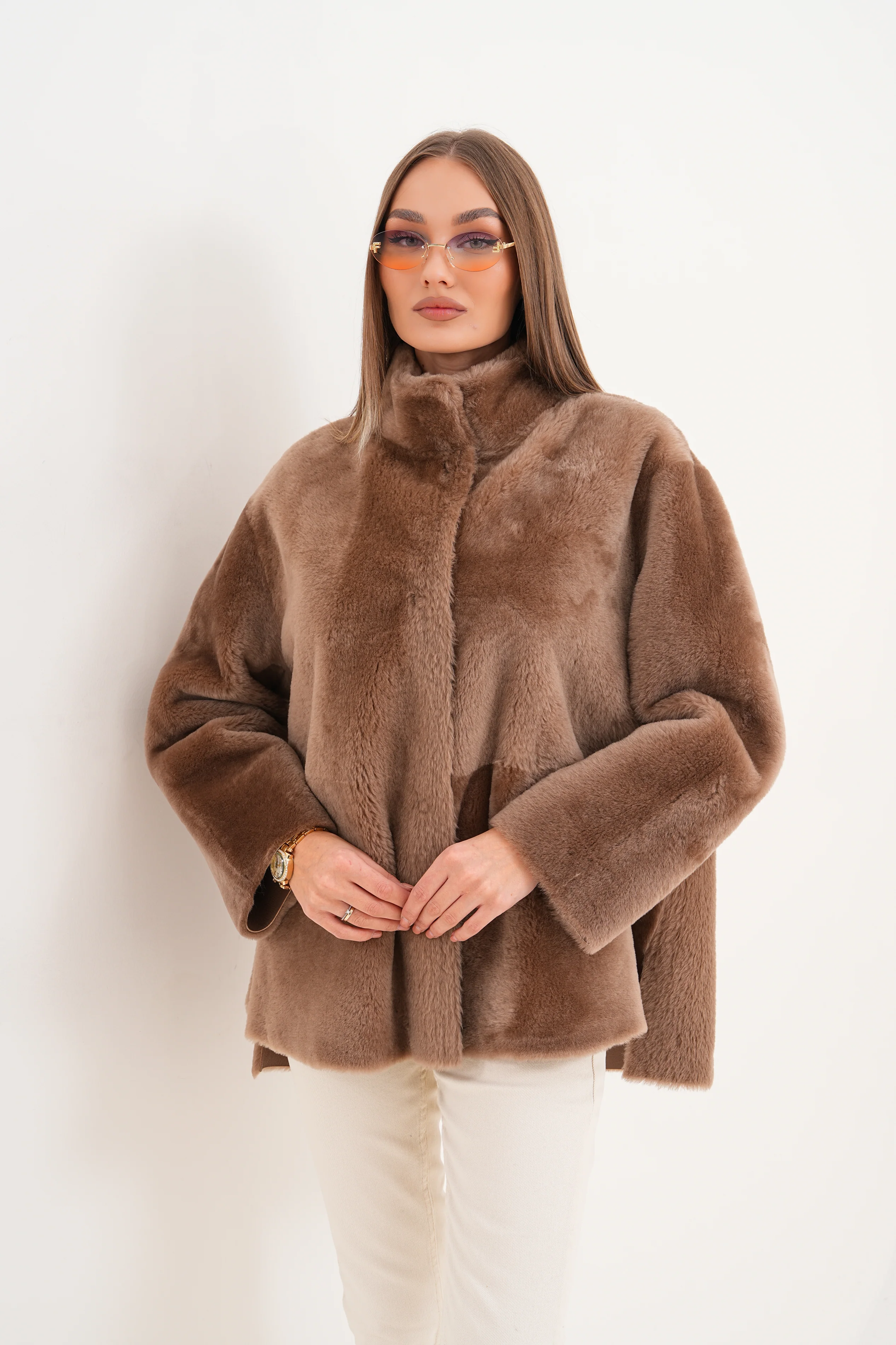 The Belluna Camel Reversible Shearling Women Jacket - Image 16
