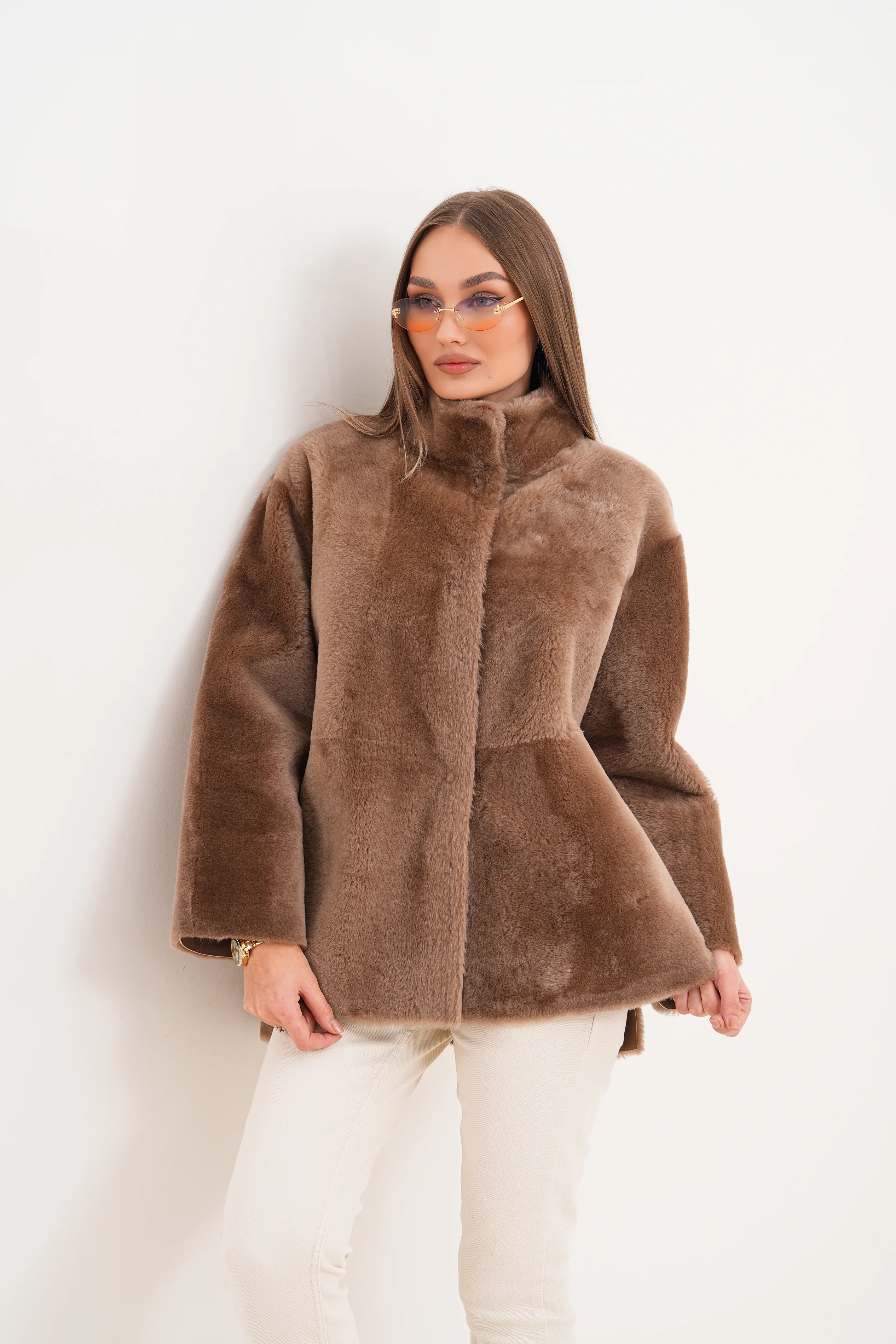 The Belluna Camel Reversible Shearling Women Jacket - Image 17