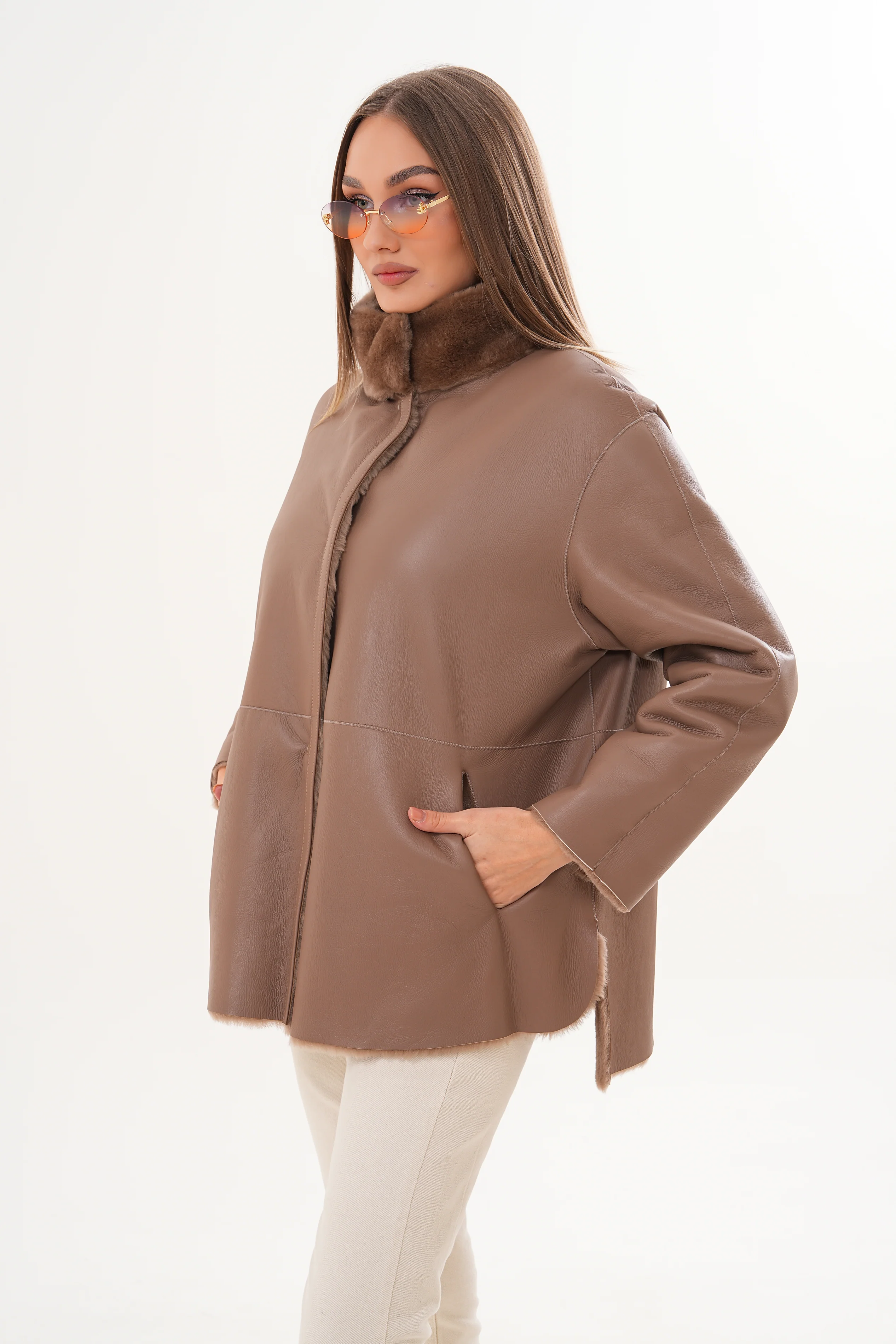 The Belluna Camel Reversible Shearling Women Jacket - Image 18