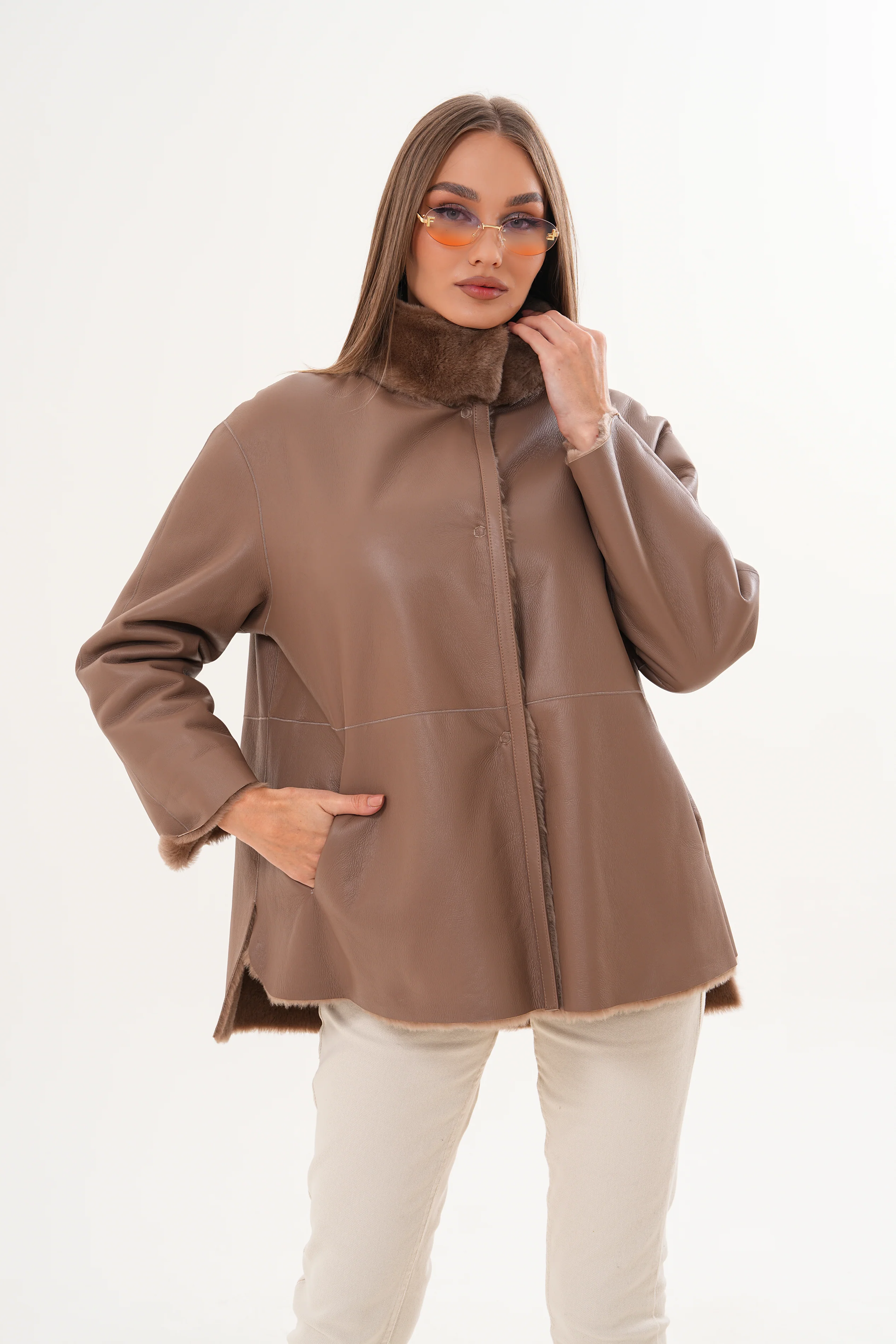The Belluna Camel Reversible Shearling Women Jacket - Image 2