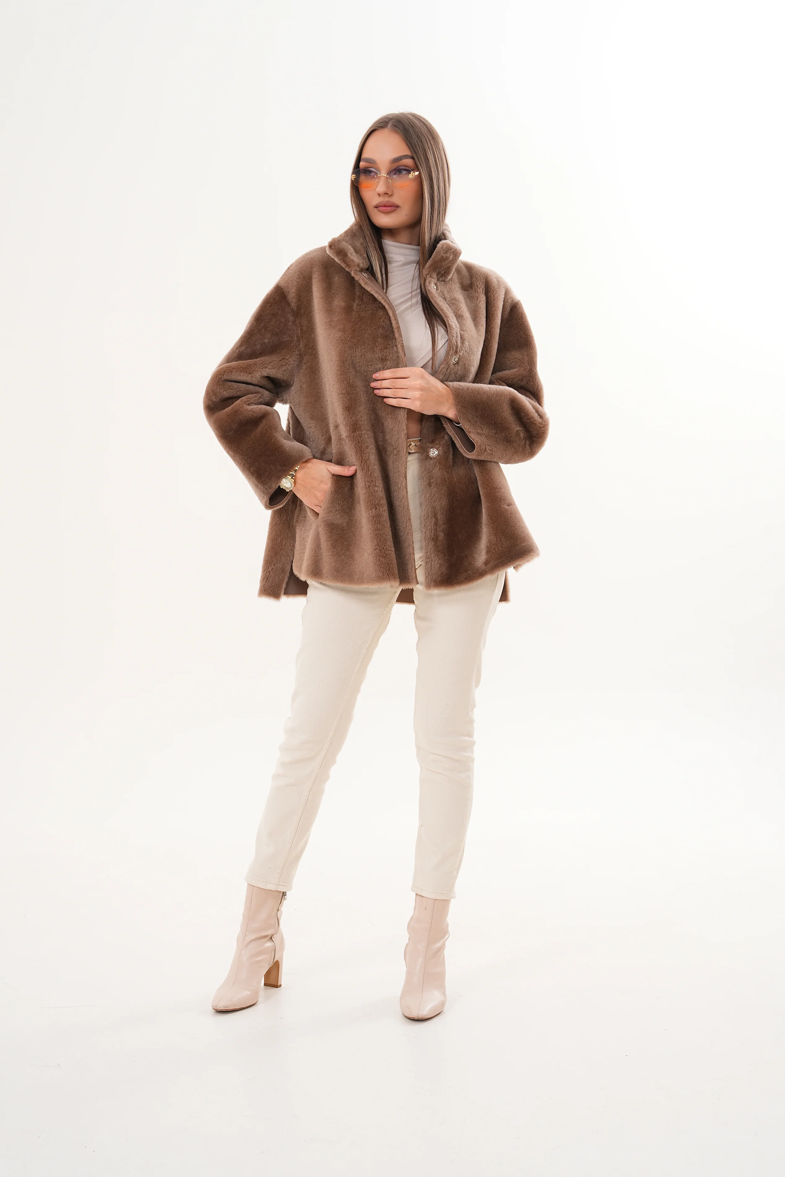 The Belluna Camel Reversible Shearling Women Jacket - Image 9