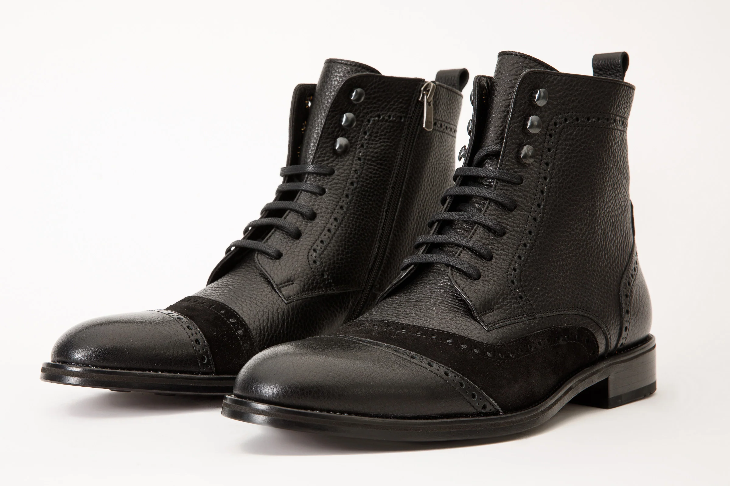 The Anderson Black Leather & Suede Brogue Lace-Up Men  Boot with a Zipper - Image 2
