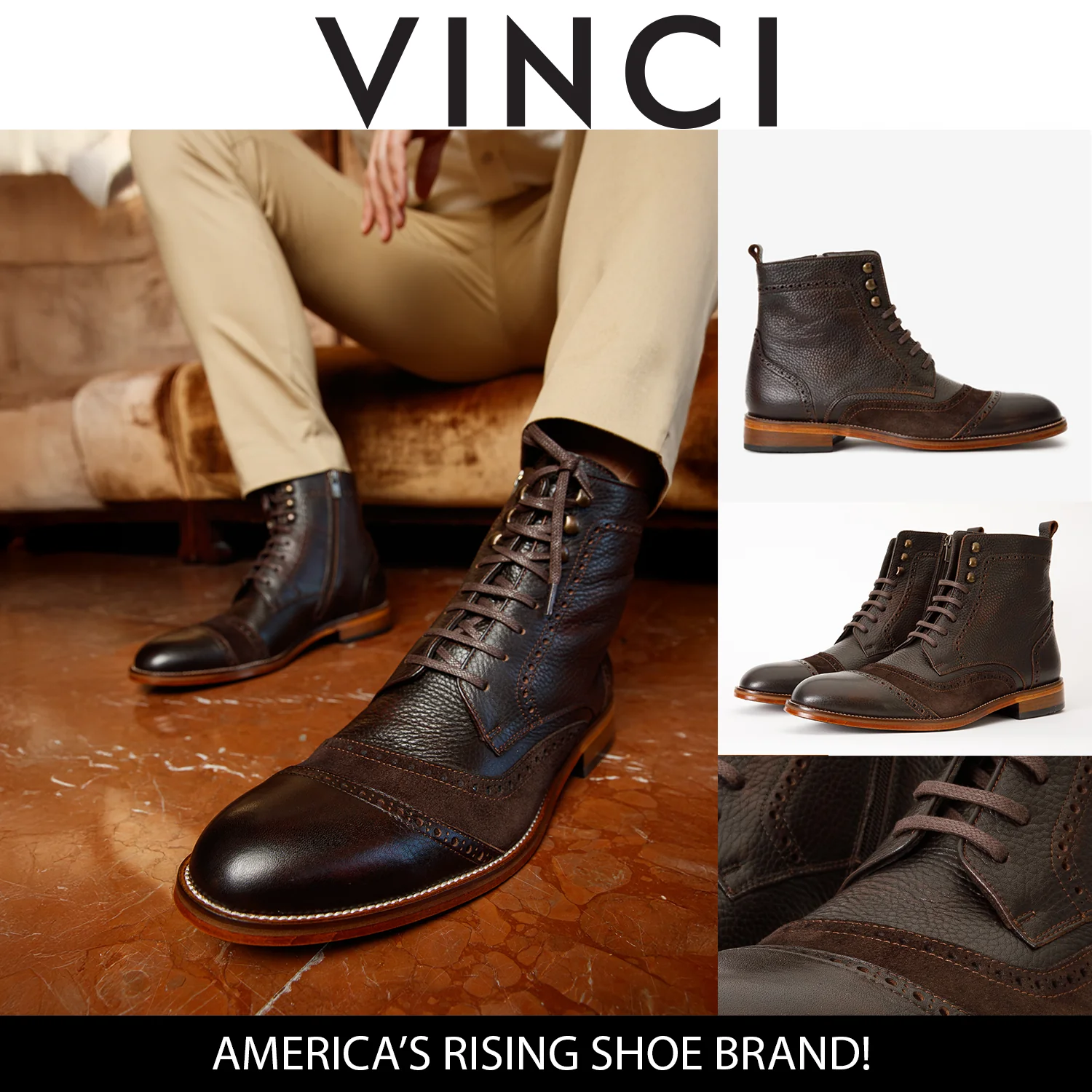 The Anderson Brown Leather & Suede Brogue Lace-Up Men Boot with a Zipper - Image 2