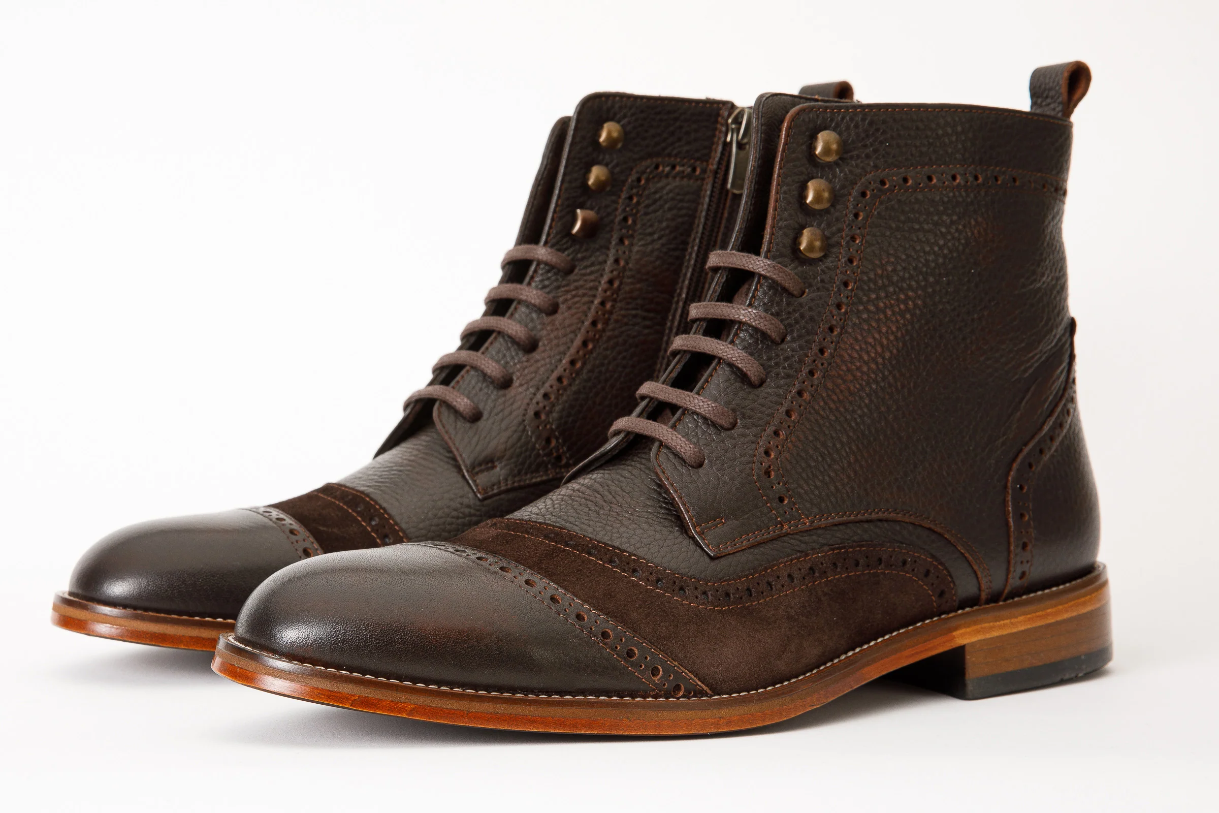 The Anderson Brown Leather & Suede Brogue Lace-Up Men Boot with a Zipper - Image 3