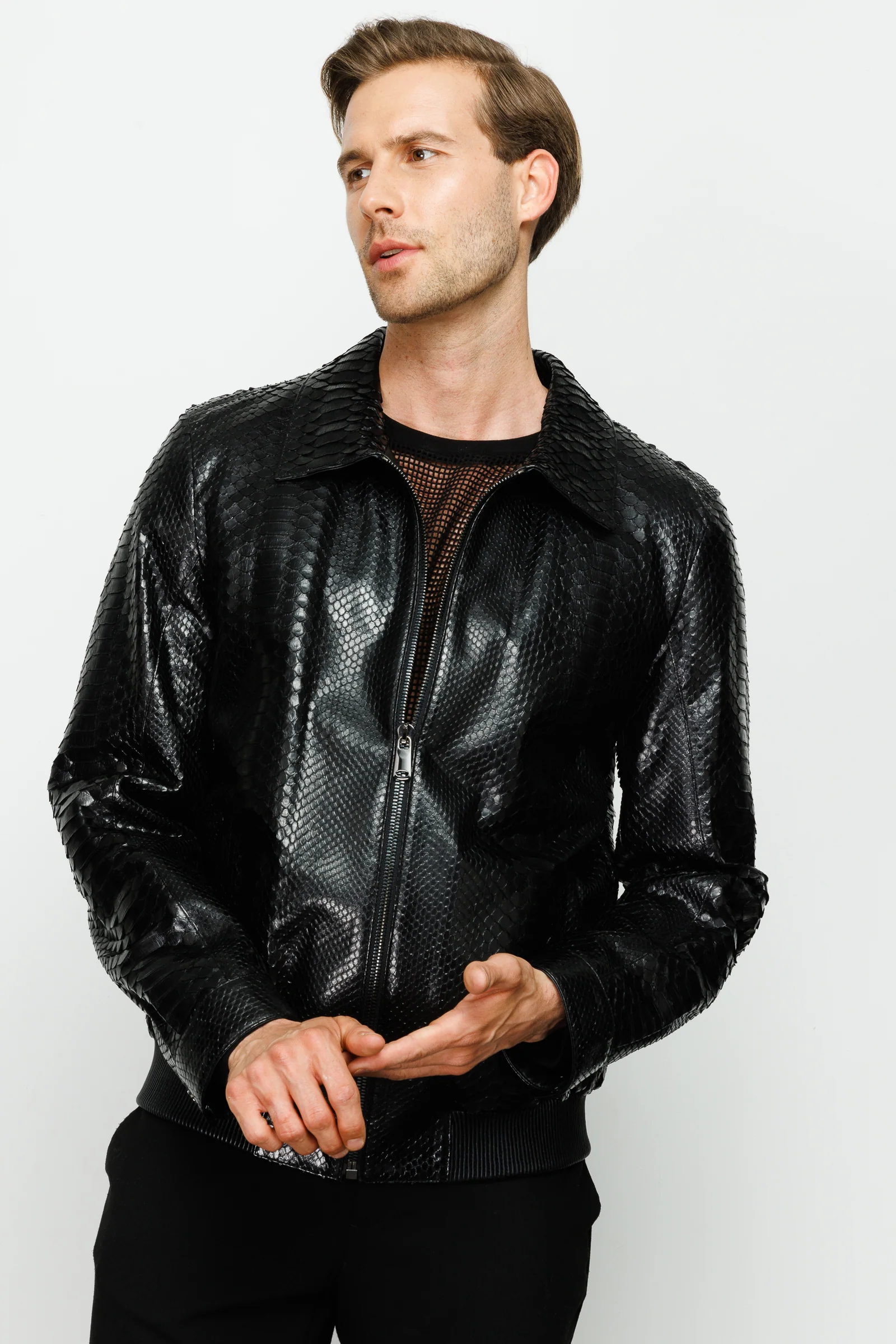 The Claribel Pythn Black Skin Leather Men Jacket - Image 3