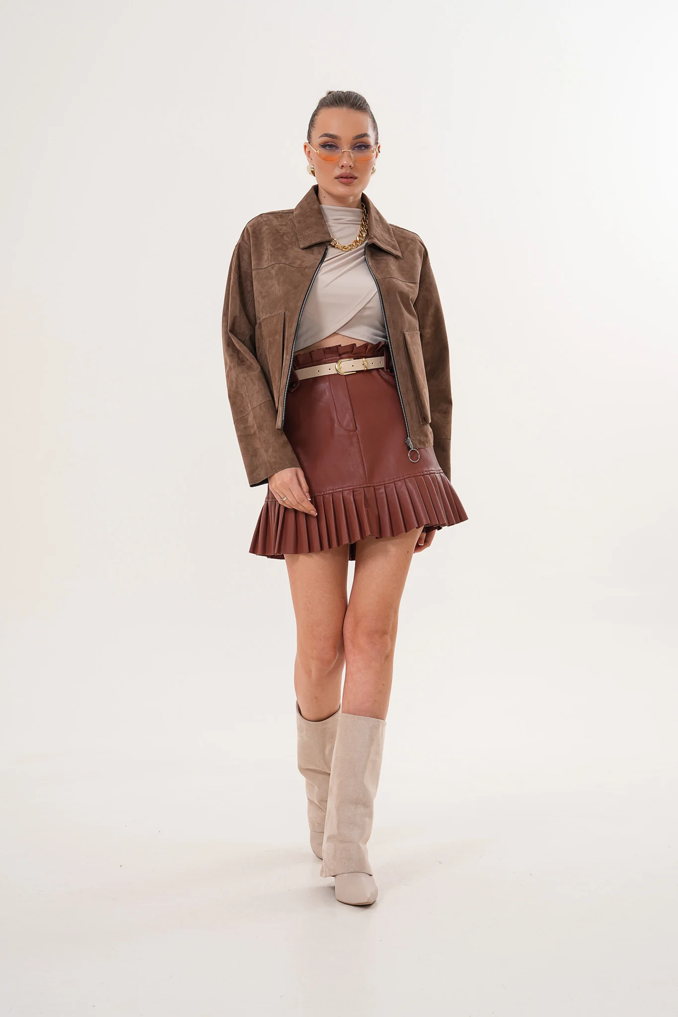 Elvoria Reversible Leather Jacket – Taupe / Suede Brown - Image 10