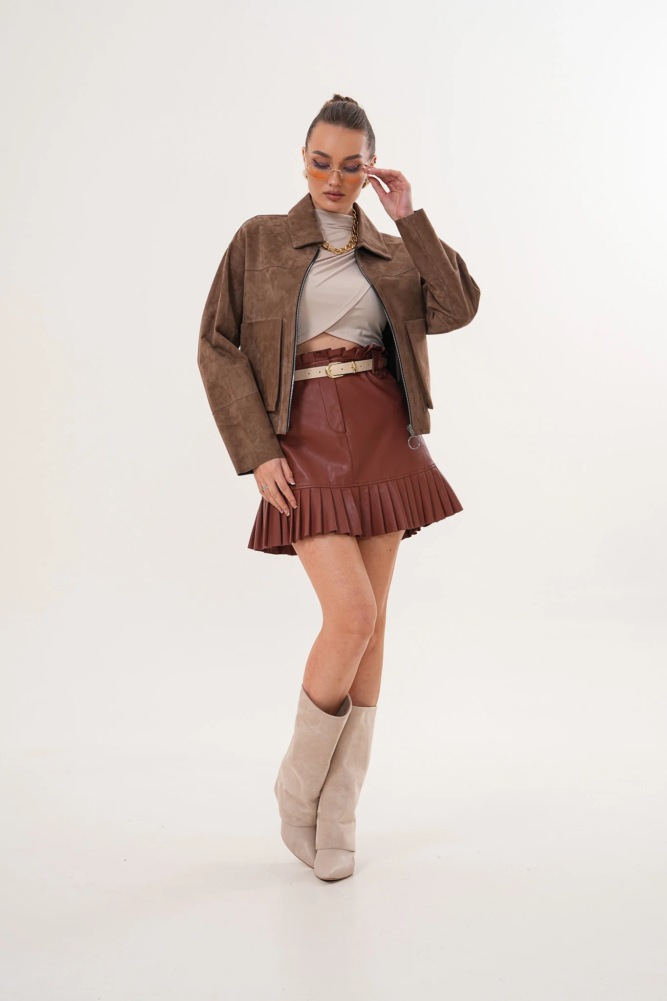 Elvoria Reversible Leather Jacket – Taupe / Suede Brown - Image 11