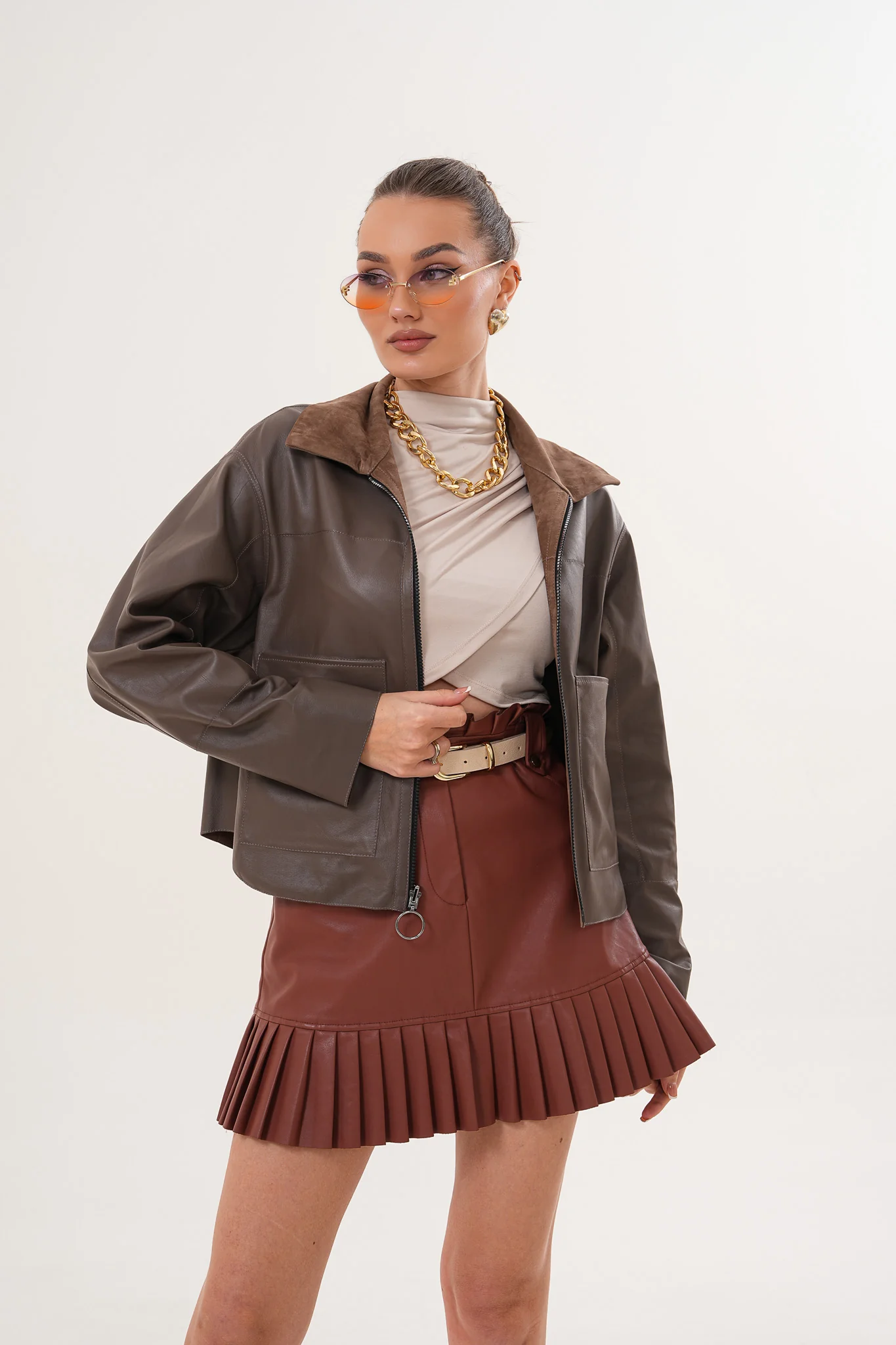Elvoria Reversible Leather Jacket – Taupe / Suede Brown - Image 6