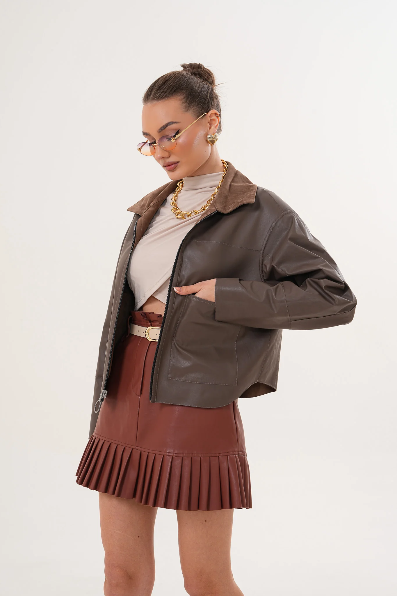 Elvoria Reversible Leather Jacket – Taupe / Suede Brown - Image 8