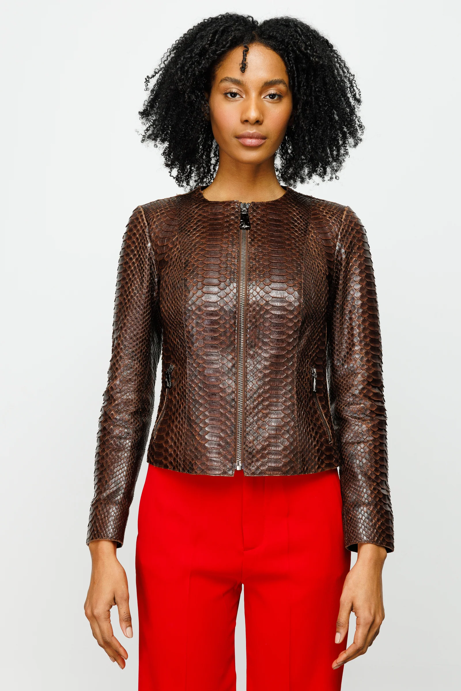 The Mekke Pythn Skin Brown Leather Women Jacket - Image 6