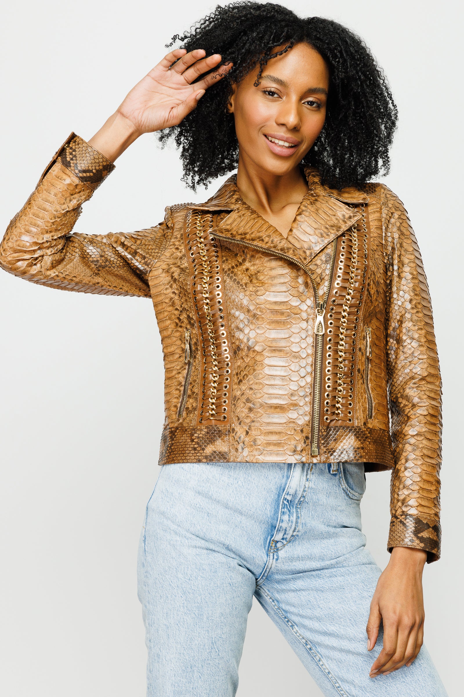The Nayro Pythn Tan Leather Women Jacket - Image 4