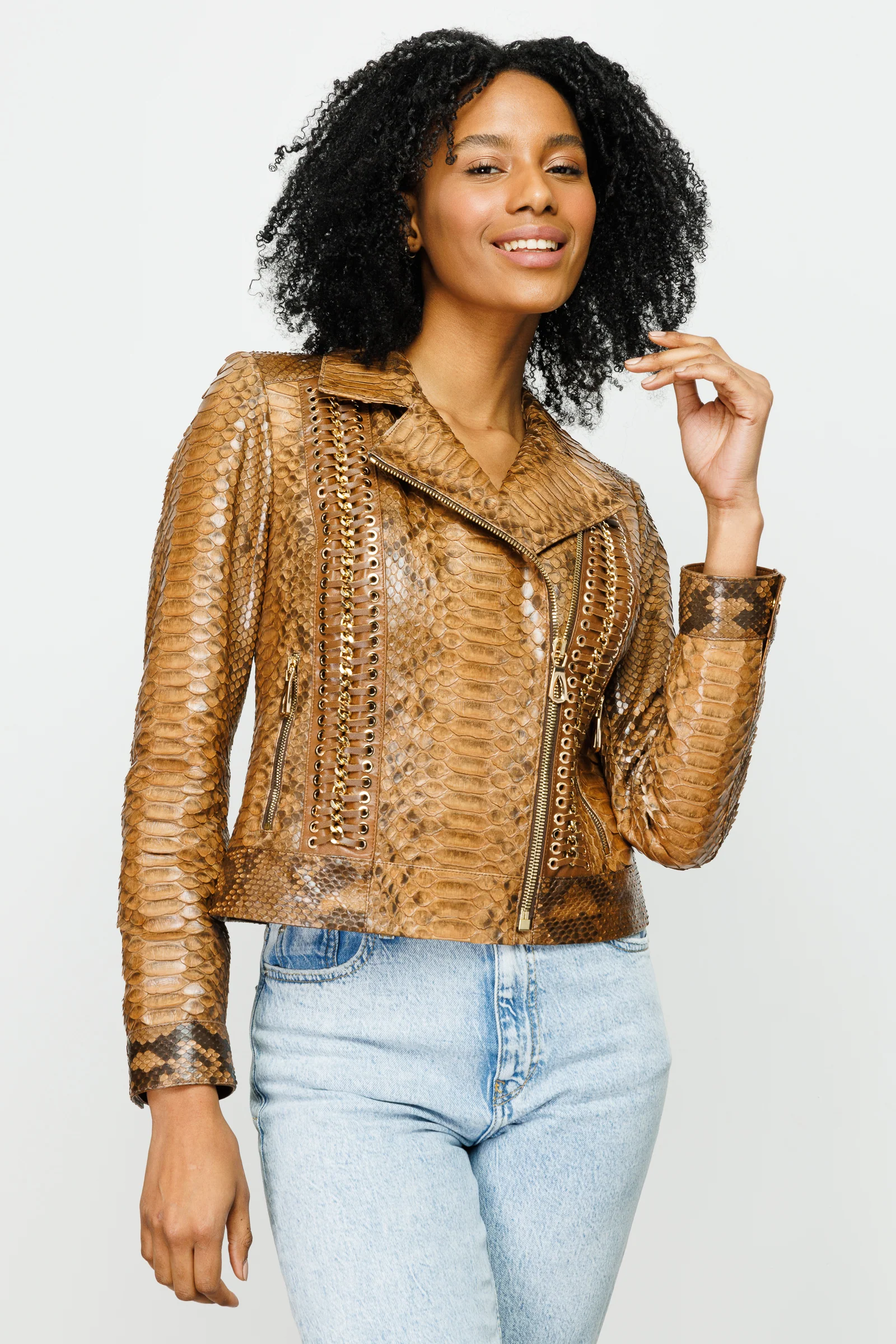 The Nayro Pythn Tan Leather Women Jacket - Image 5