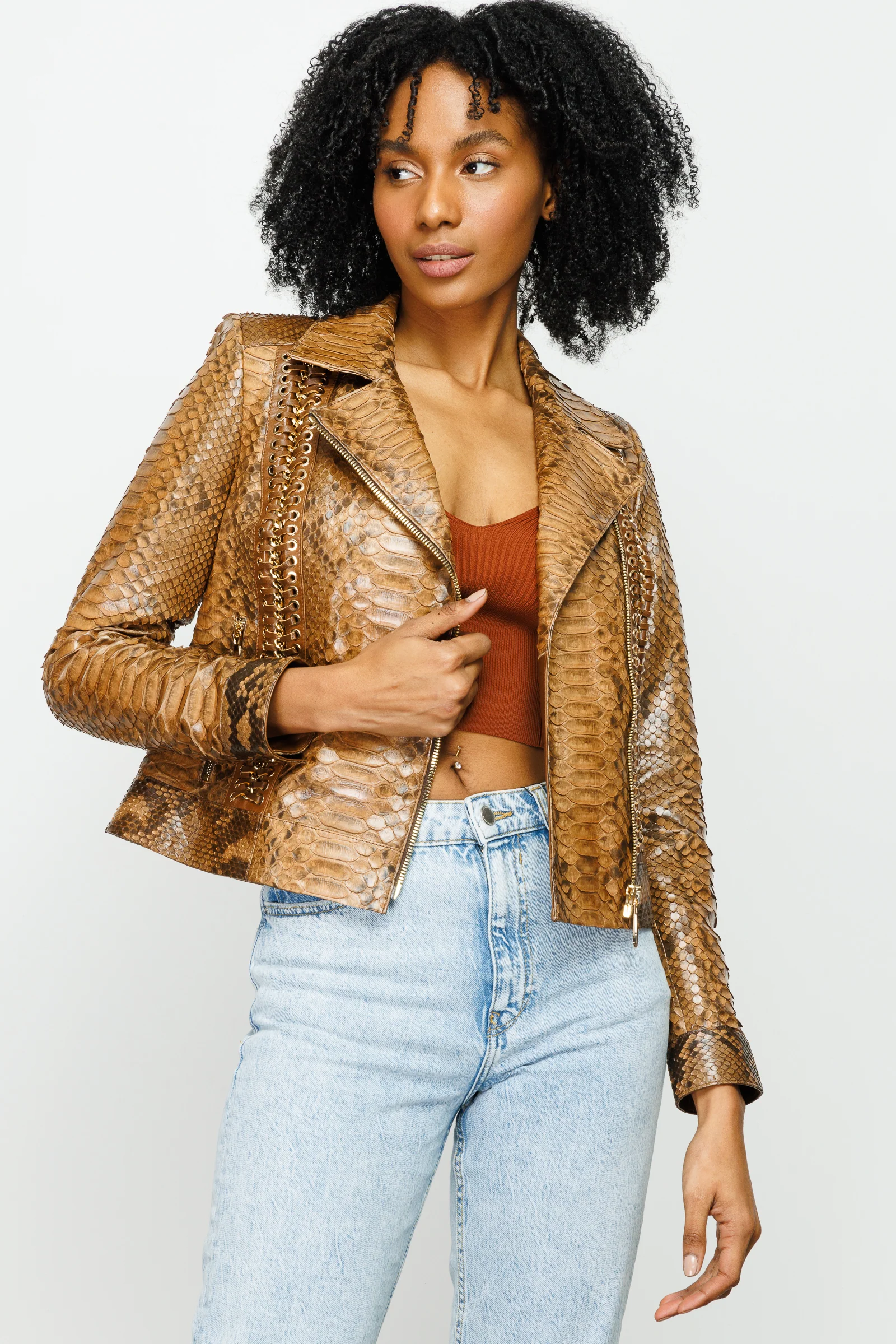 The Nayro Pythn Tan Leather Women Jacket - Image 8