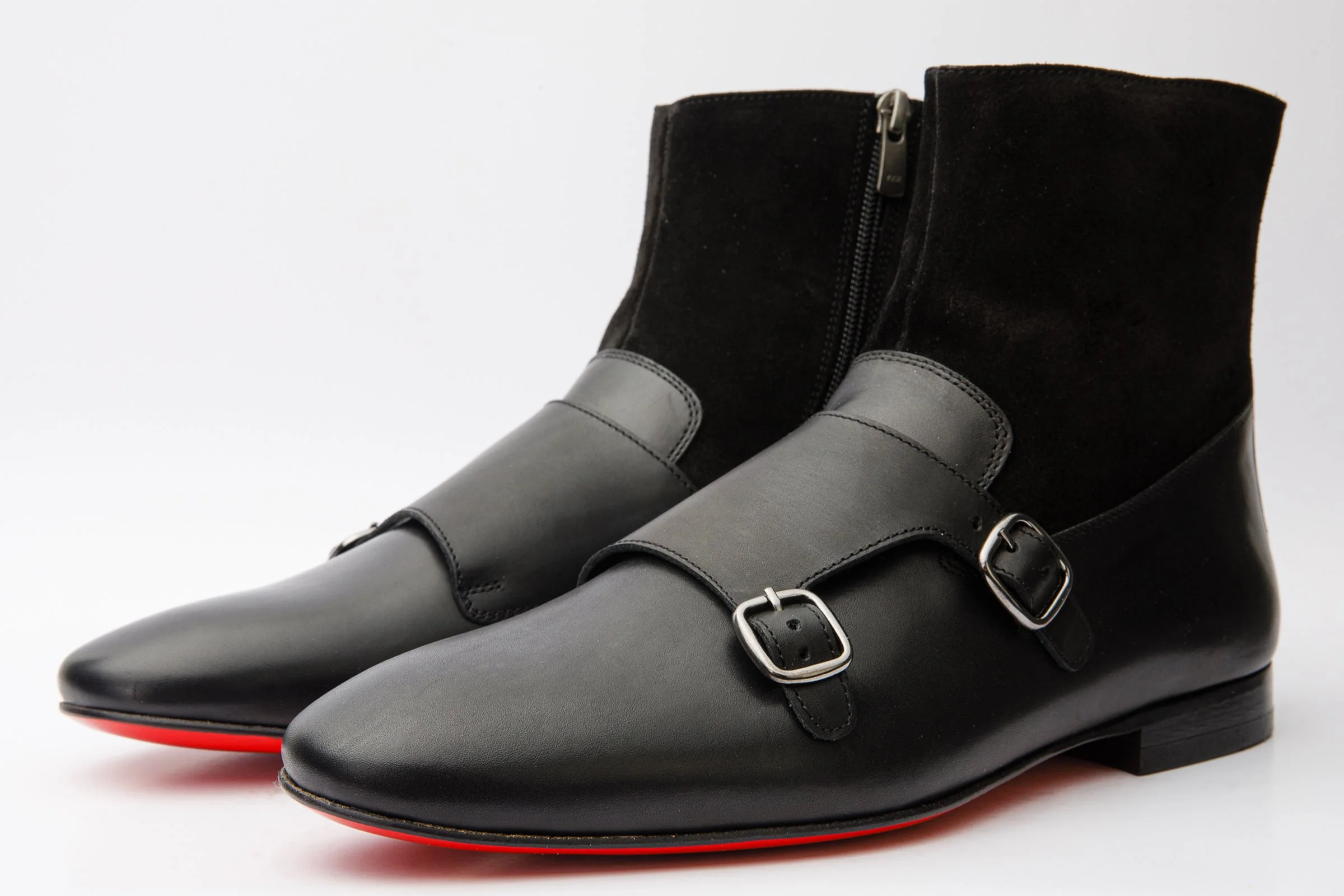 Preston Black Leather & Suede Double Monk Strap Ankle Men Boot - Image 2