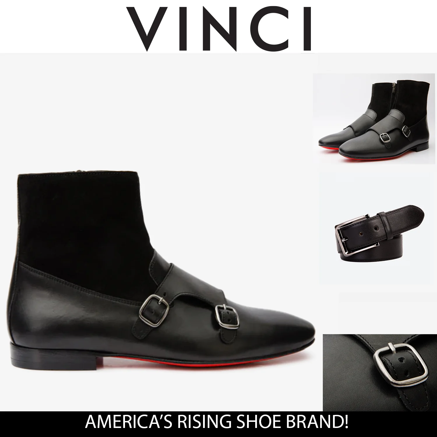 Preston Black Leather & Suede Double Monk Strap Ankle Men Boot - Image 3