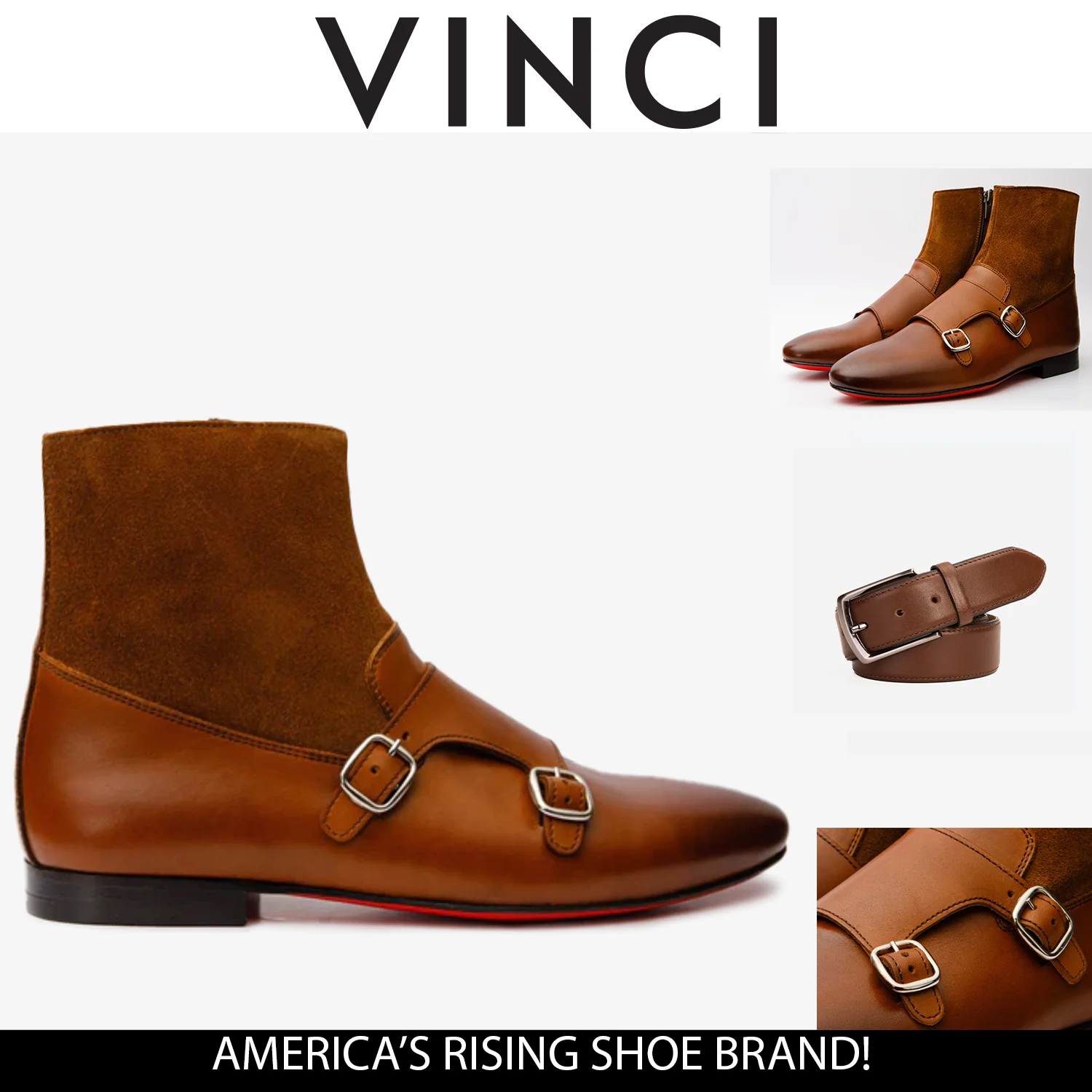 Preston Tan Leather & Suede Double Monk Strap Ankle Men Boot - Image 5