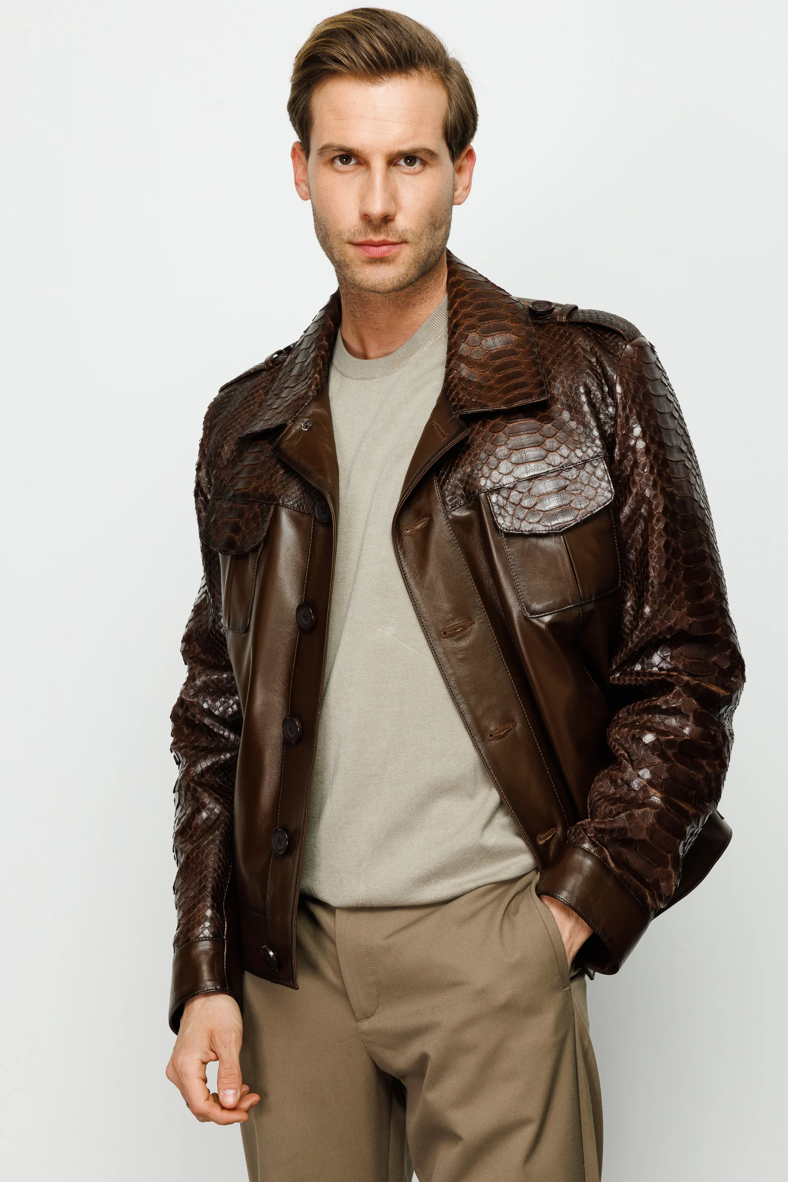 The Manteca Pythn Skin Brown Leather Men Jacket - Image 2