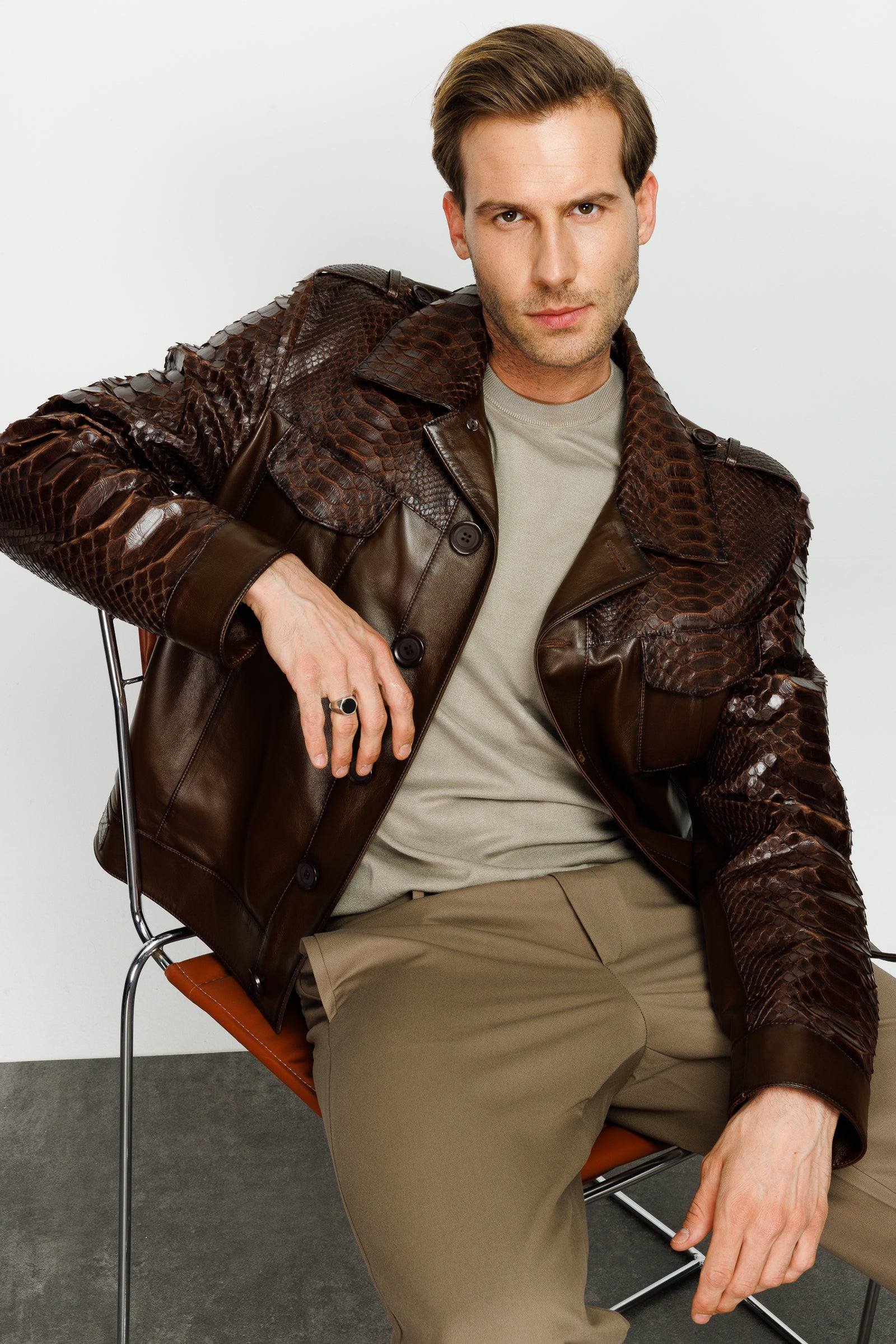 The Manteca Pythn Skin Brown Leather Men Jacket - Image 4