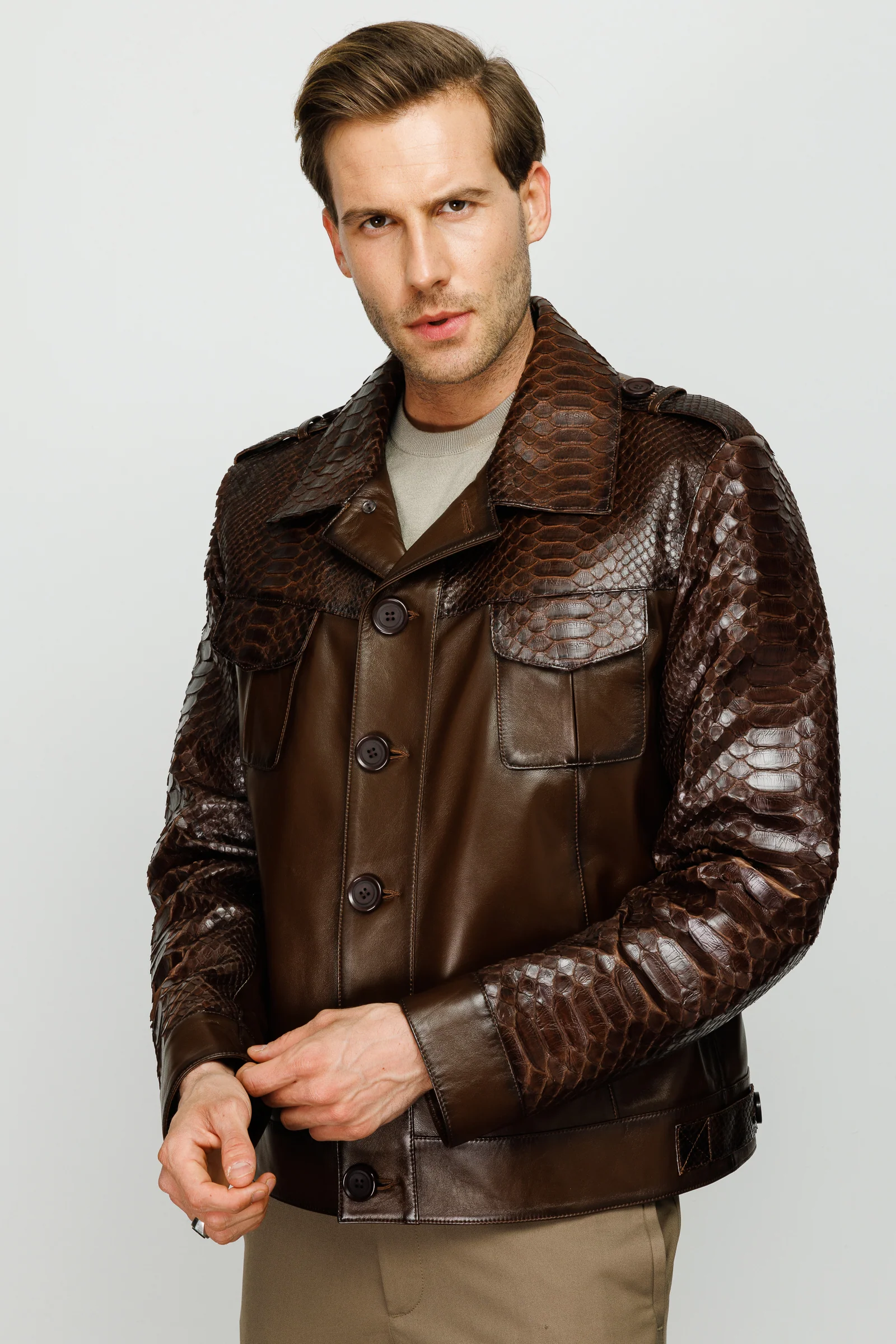 The Manteca Pythn Skin Brown Leather Men Jacket - Image 8