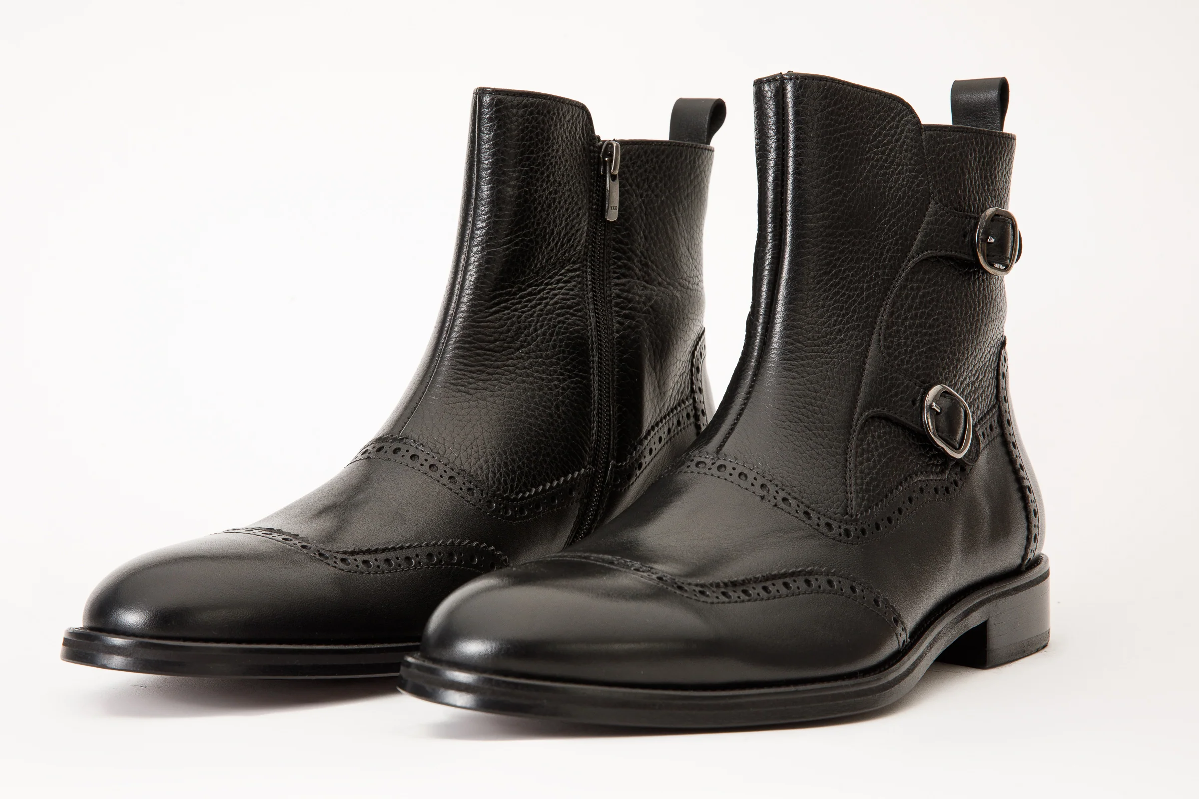 The Rand Black Leather Double Buckle Brogue Men Boot with a Zipper - Image 3
