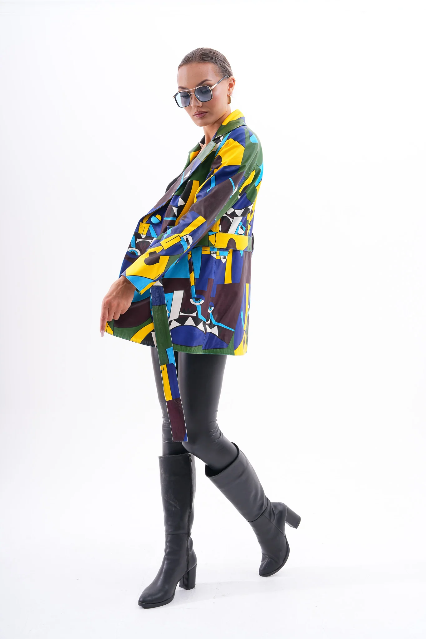 Sienna Abstract Art Leather Women Jacket – Blue Green Edition - Image 2
