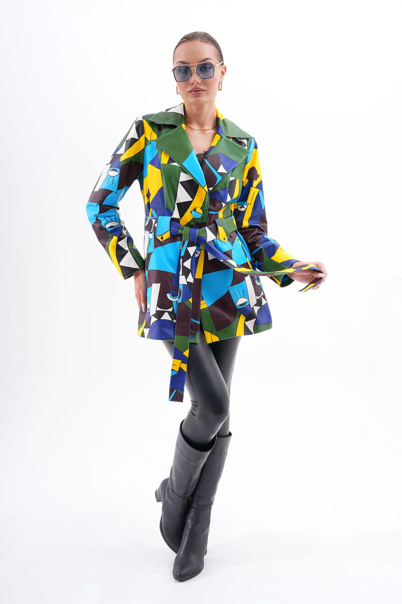 Sienna Abstract Art Leather Women Jacket – Blue Green Edition - Image 3