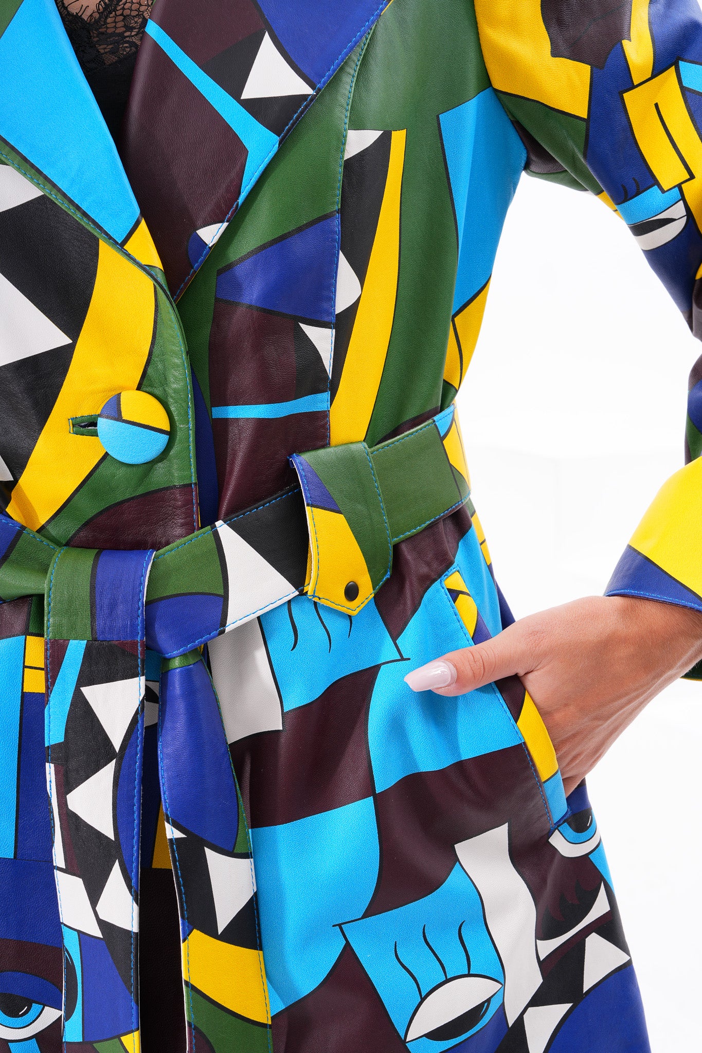 Sienna Abstract Art Leather Women Jacket – Blue Green Edition - Image 4