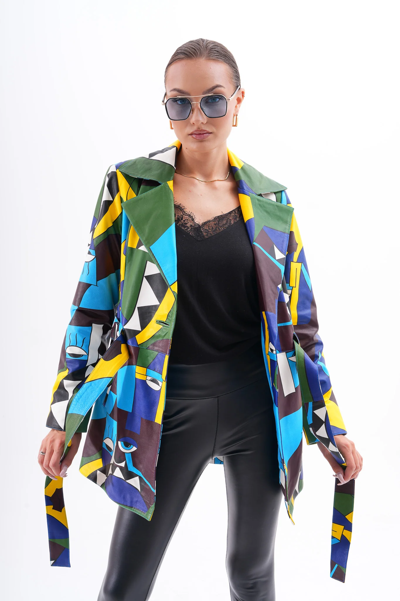 Sienna Abstract Art Leather Women Jacket – Blue Green Edition - Image 5