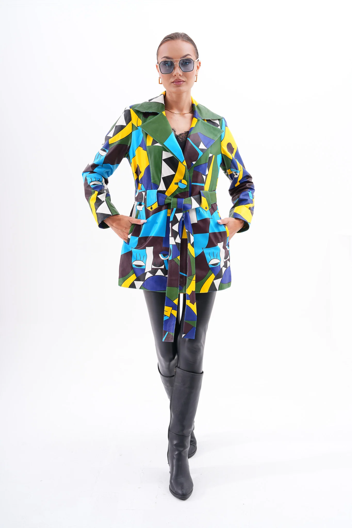 Sienna Abstract Art Leather Women Jacket – Blue Green Edition - Image 8