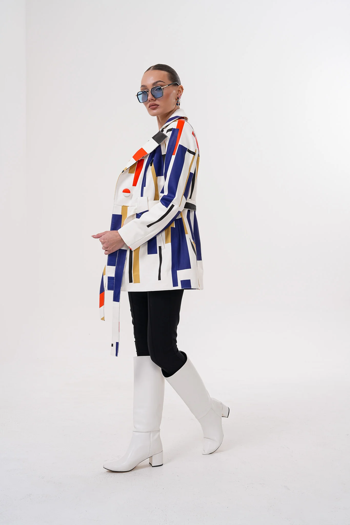 Sienna Abstract Art Leather Women Jacket – Red Navy Edition - Image 3