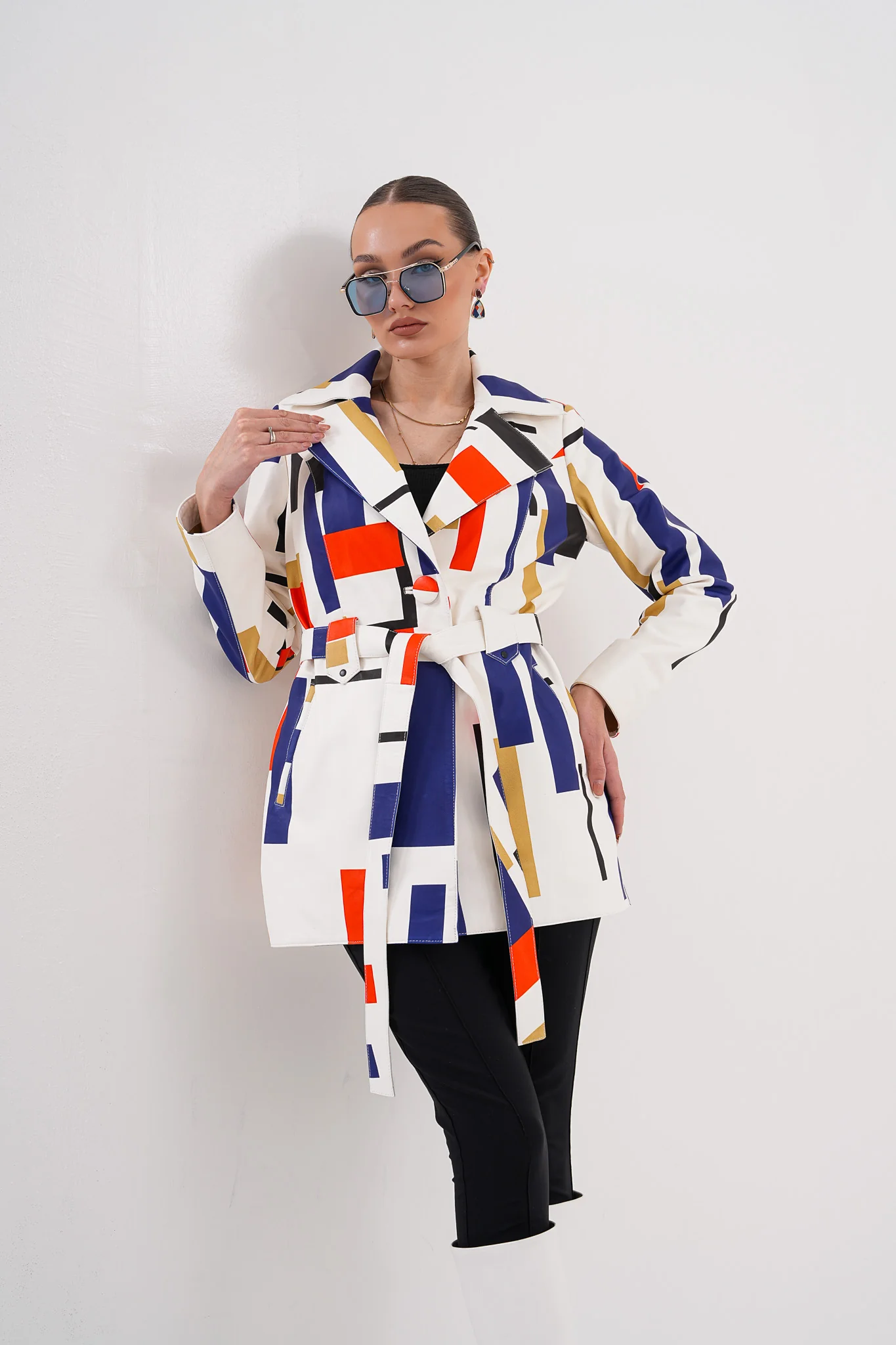 Sienna Abstract Art Leather Women Jacket – Red Navy Edition - Image 6