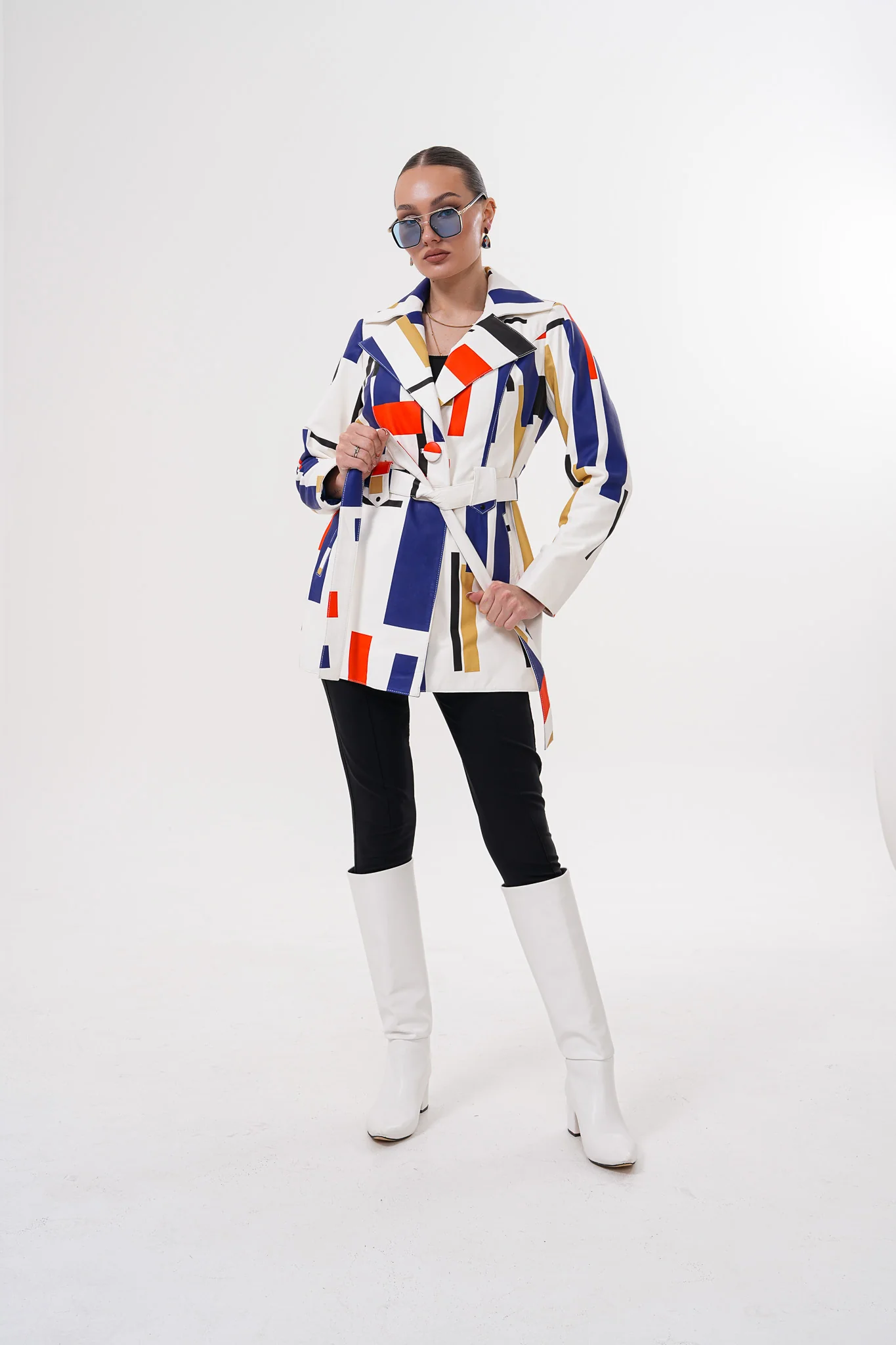 Sienna Abstract Art Leather Women Jacket – Red Navy Edition - Image 7