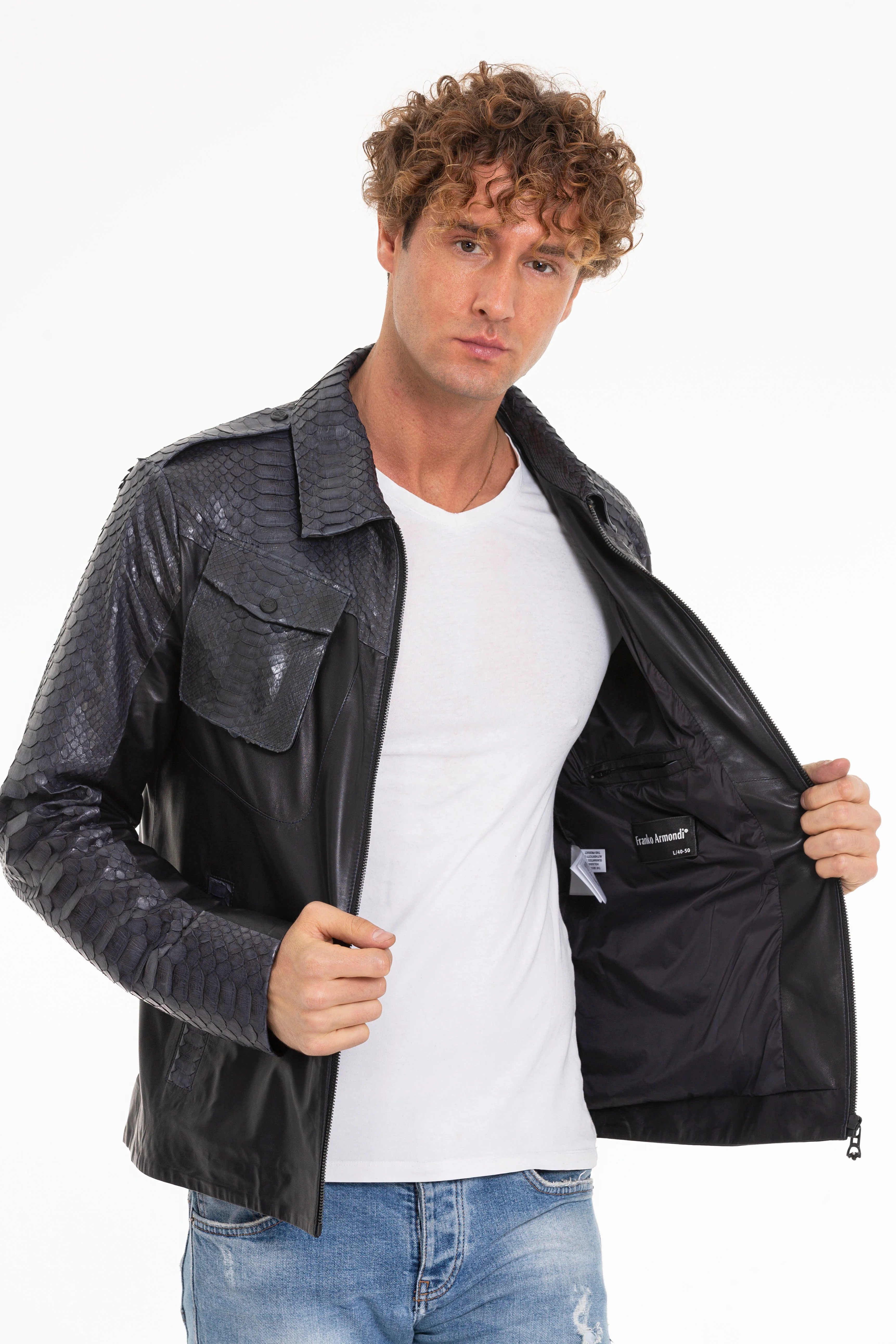 The Agron Pythn Navy Blue Leather Men Jacket - Image 2