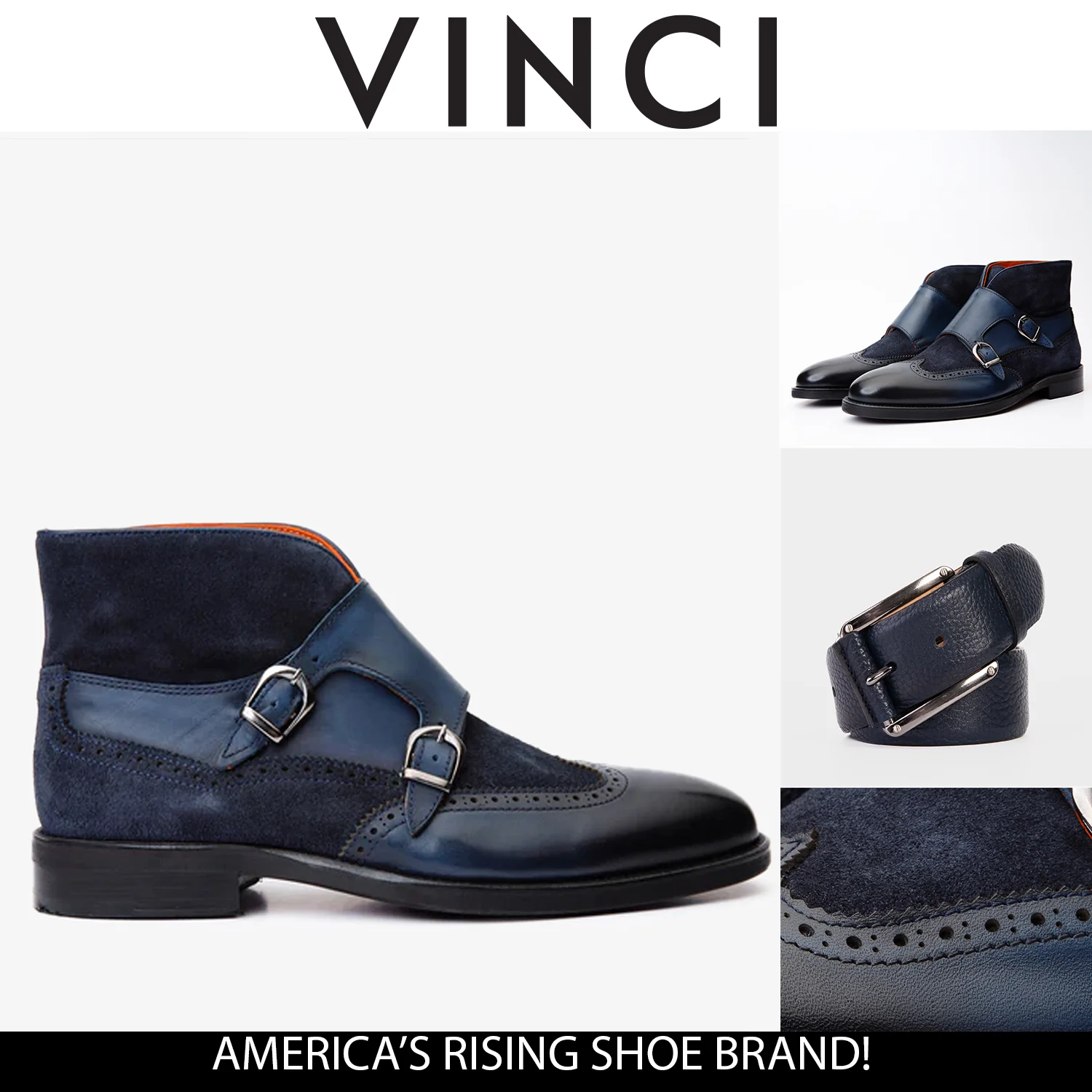 The Albus Navy Blue Leather & Suede Double Strap Monk Brogue Men Boot - Image 5