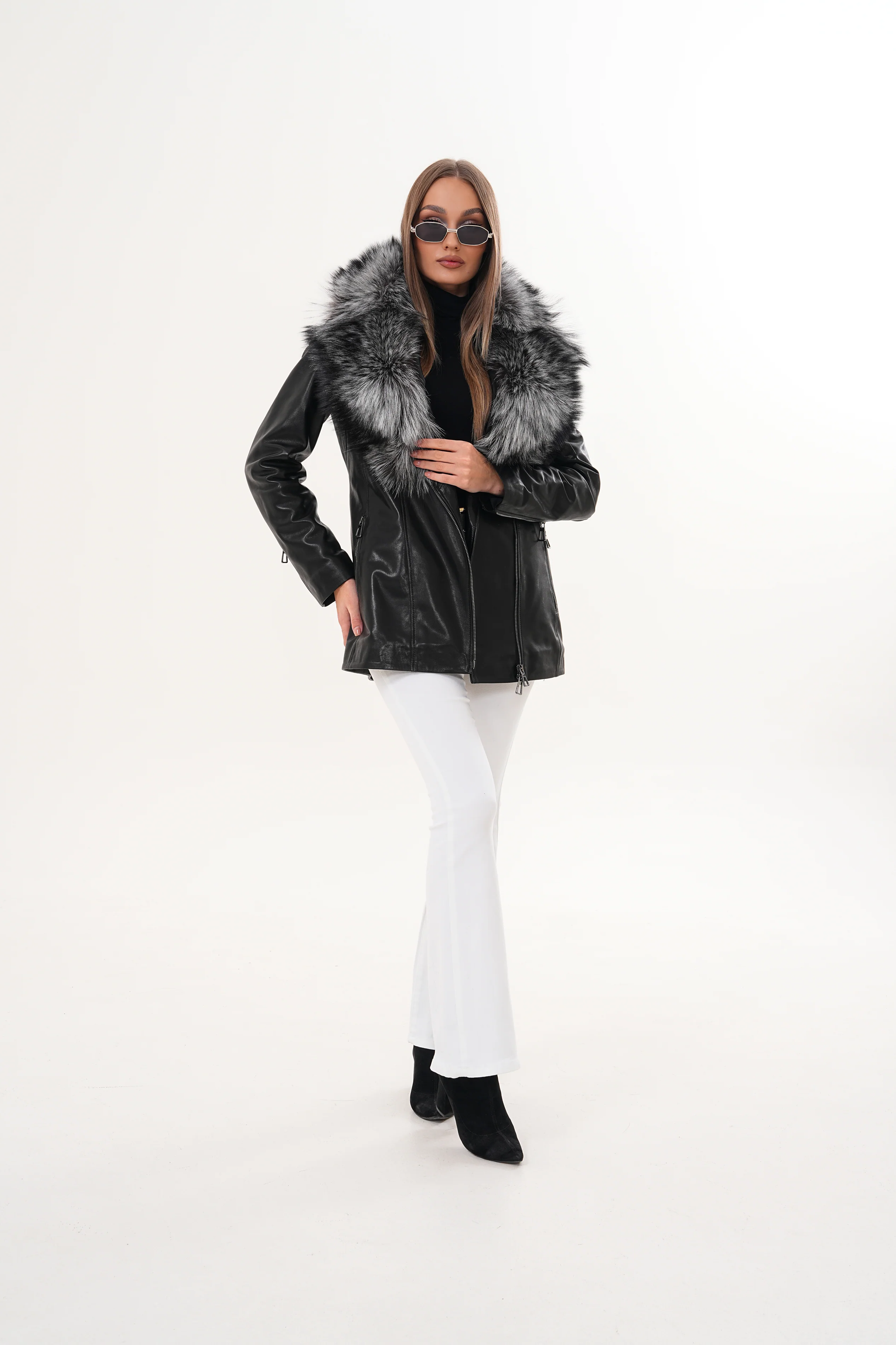The Alessia Black Leather & Fox Fur Women Jacket - Image 13
