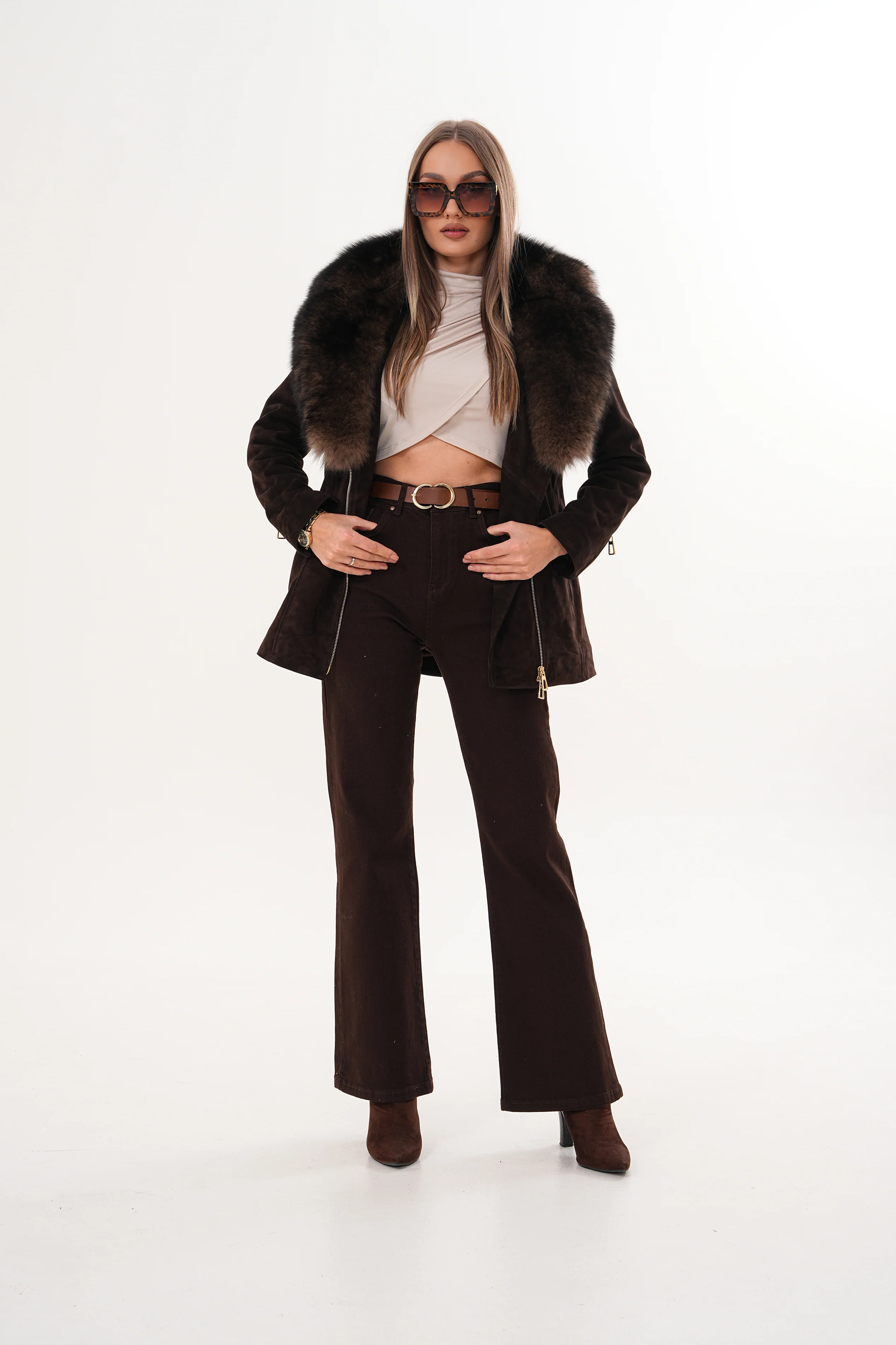 The Alessia Brown Leather & Fox Fur Women Jacket - Image 10