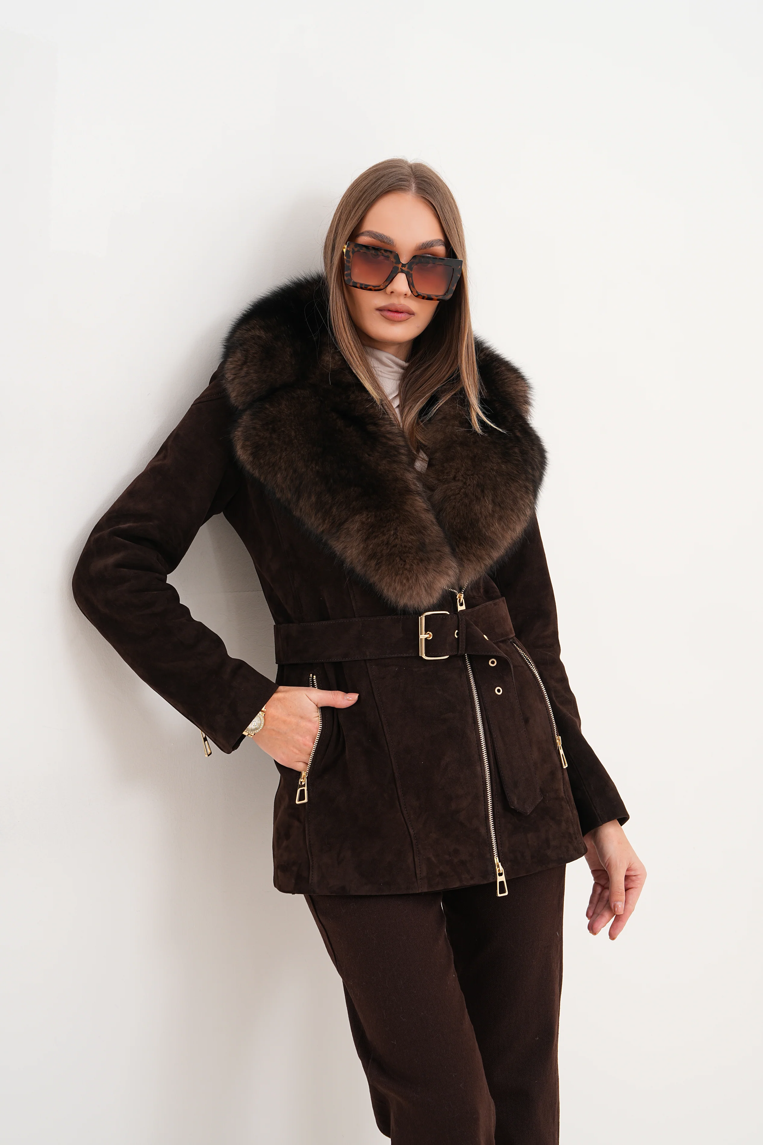 The Alessia Brown Leather & Fox Fur Women Jacket - Image 15