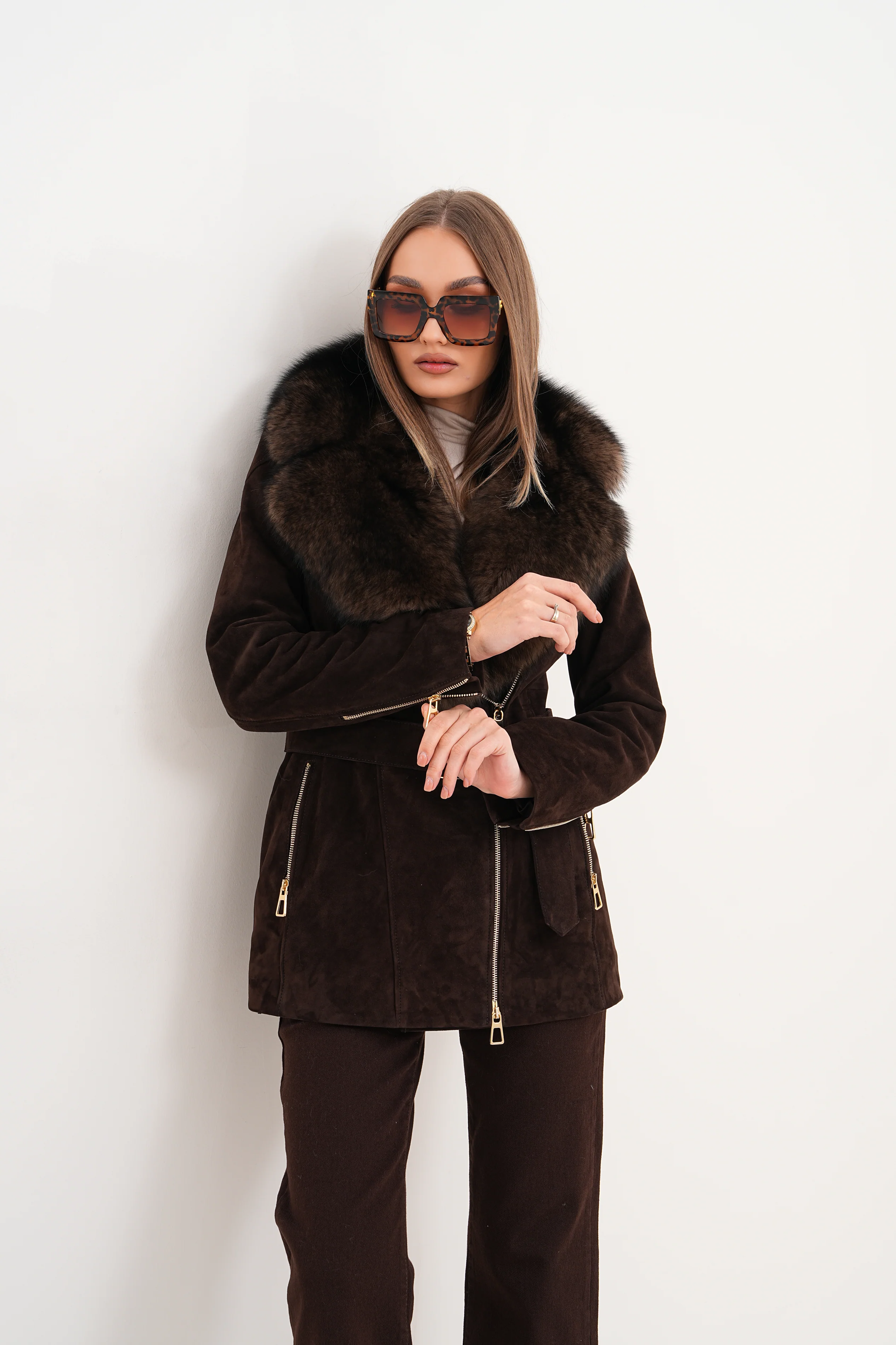 The Alessia Brown Leather & Fox Fur Women Jacket - Image 16