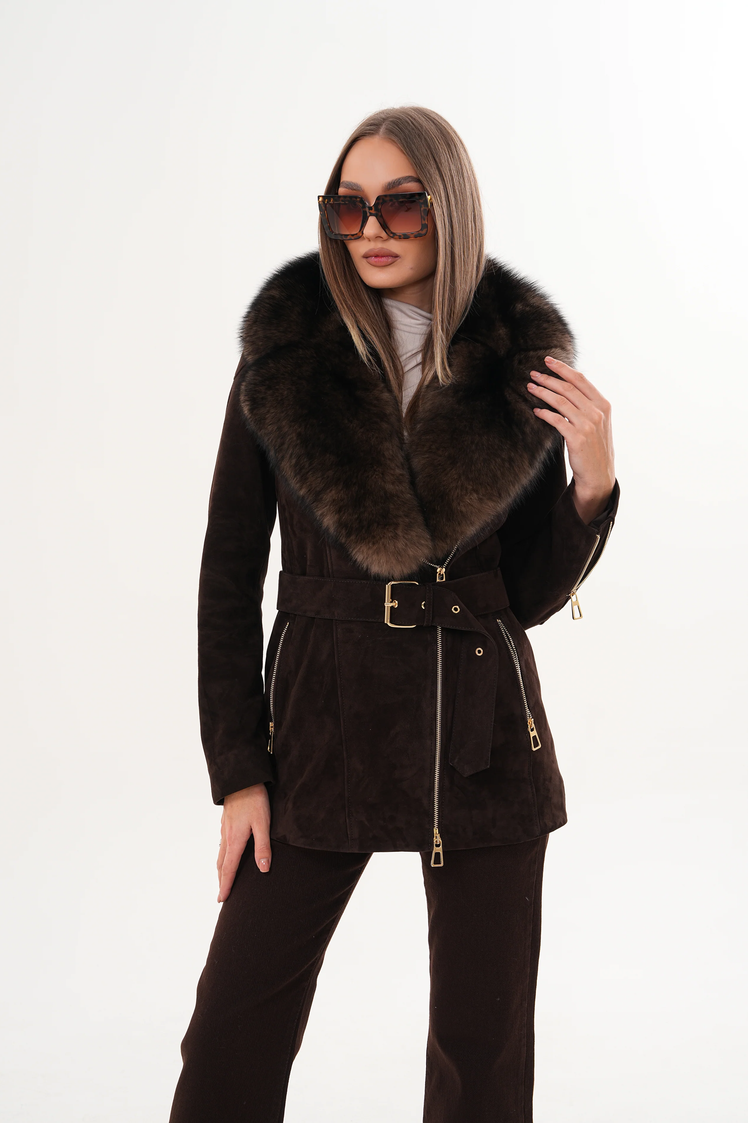 The Alessia Brown Leather & Fox Fur Women Jacket - Image 17