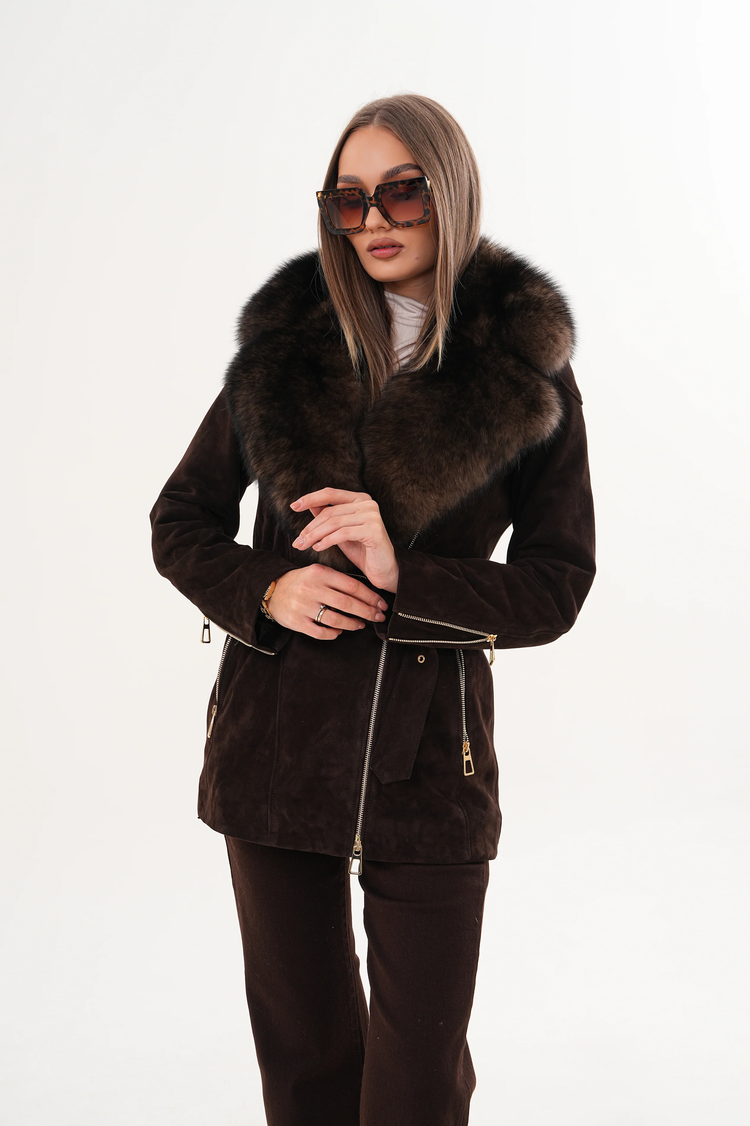 The Alessia Brown Leather & Fox Fur Women Jacket - Image 18