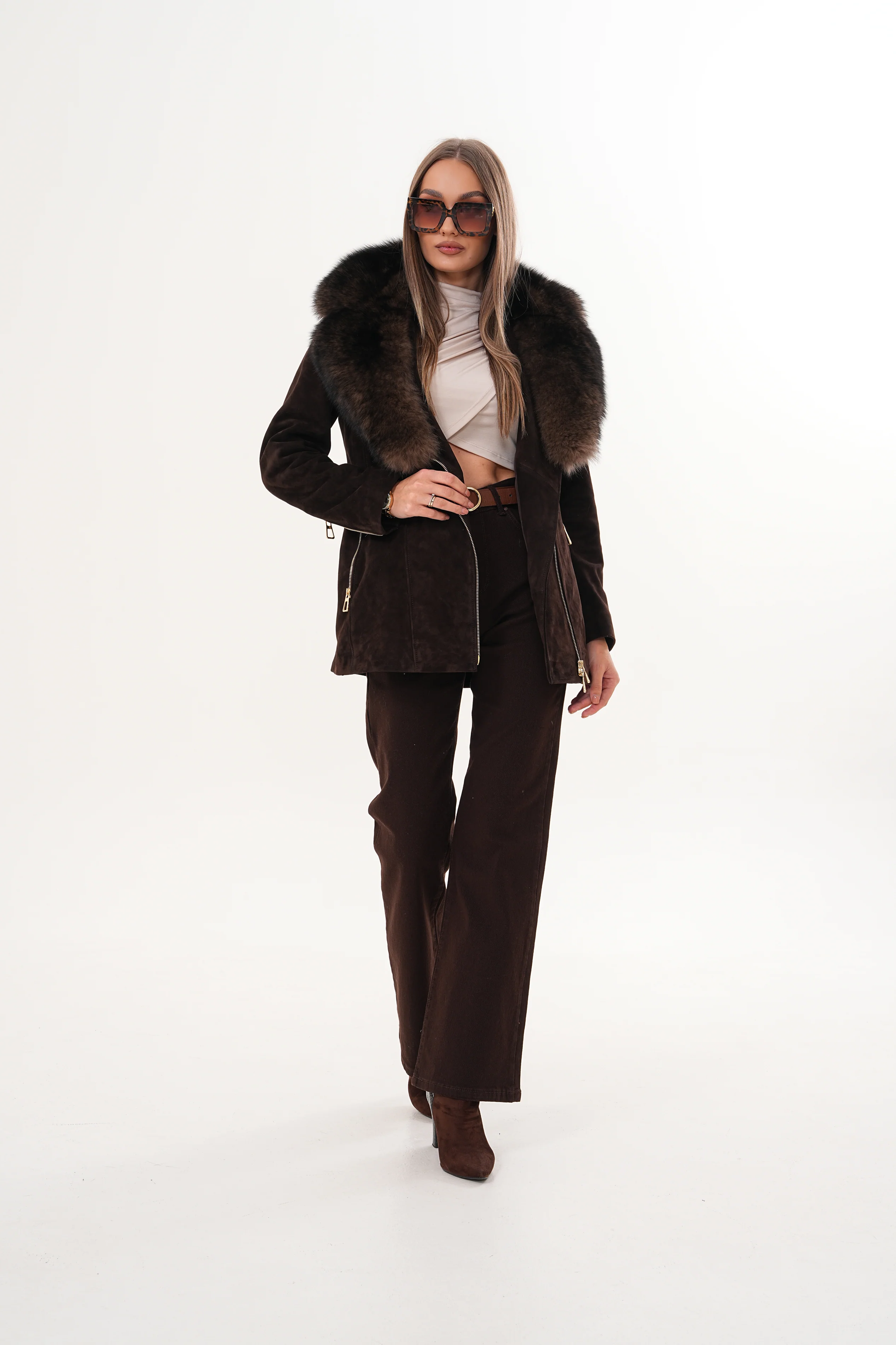 The Alessia Brown Leather & Fox Fur Women Jacket - Image 19