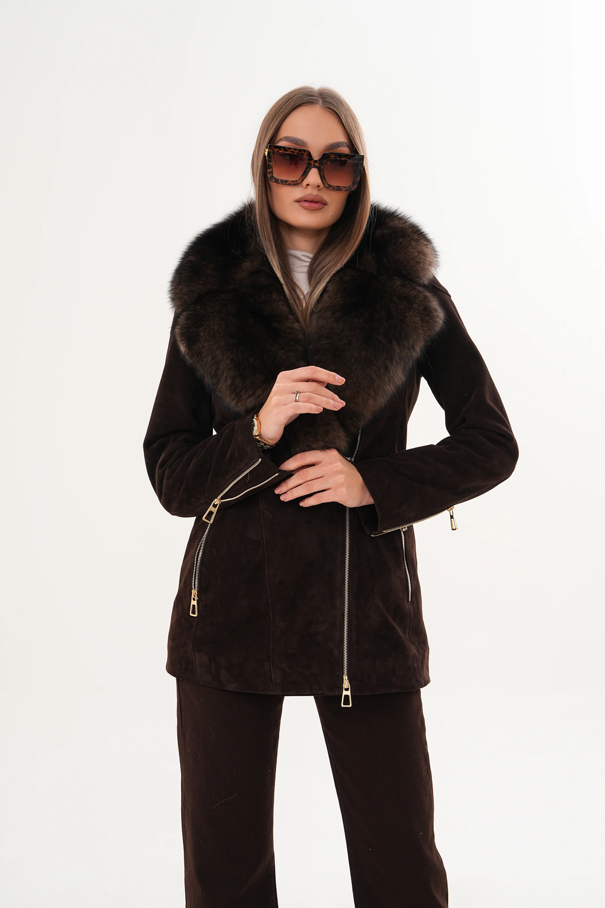 The Alessia Brown Leather & Fox Fur Women Jacket - Image 9