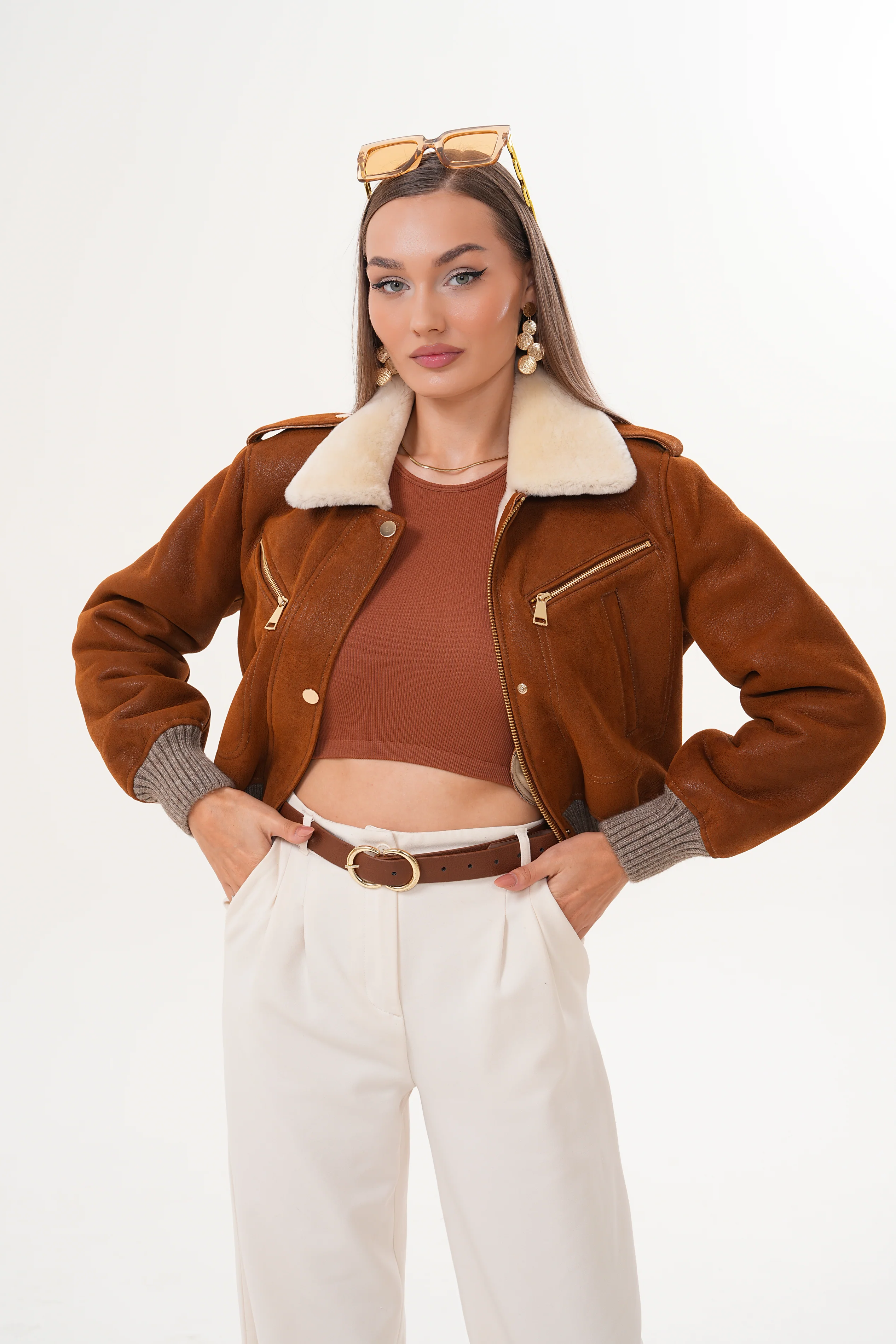 The Amber Shearling Collar Suede Women Leather Jacket