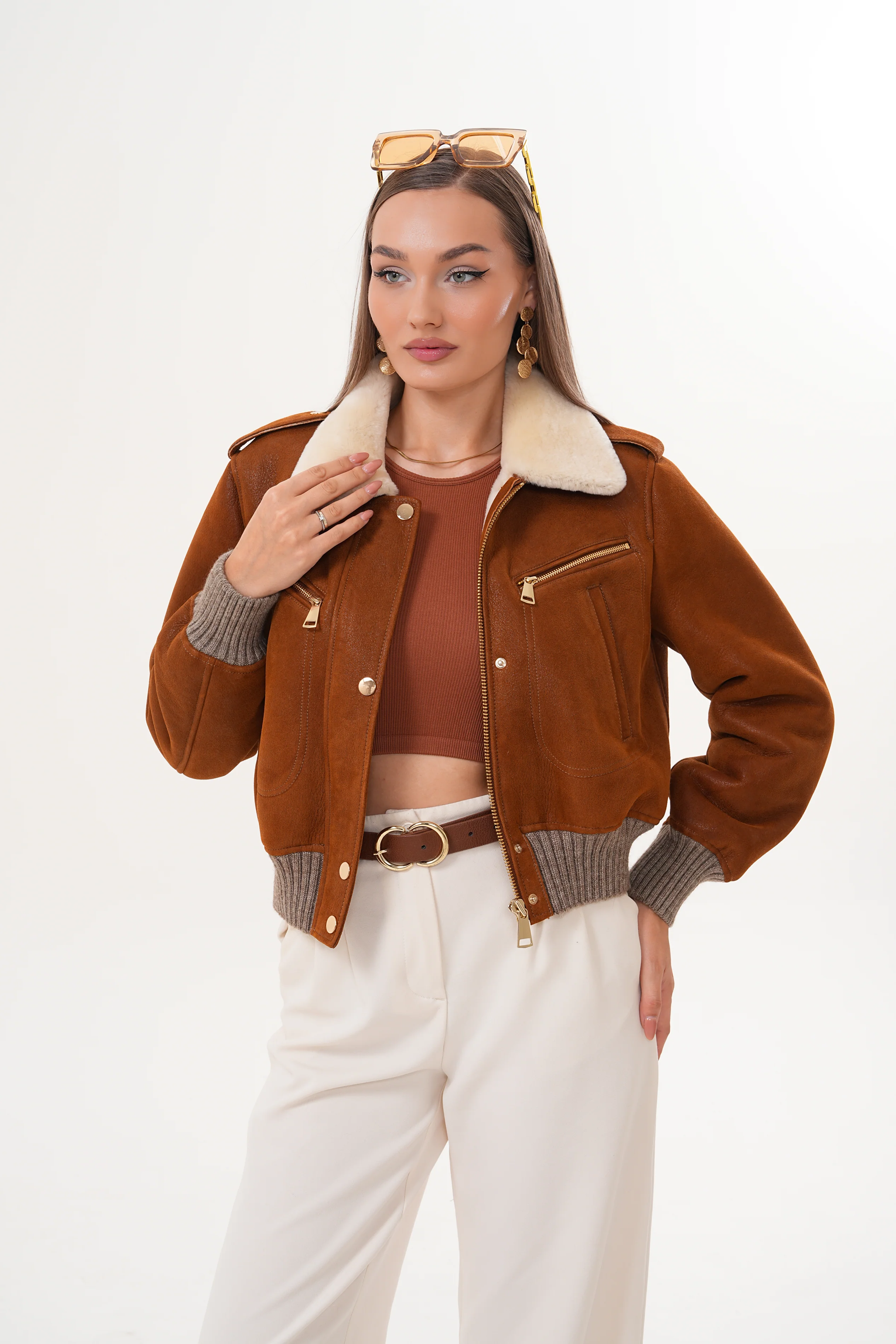 The Amber Shearling Collar Suede Women Leather Jacket - Image 10