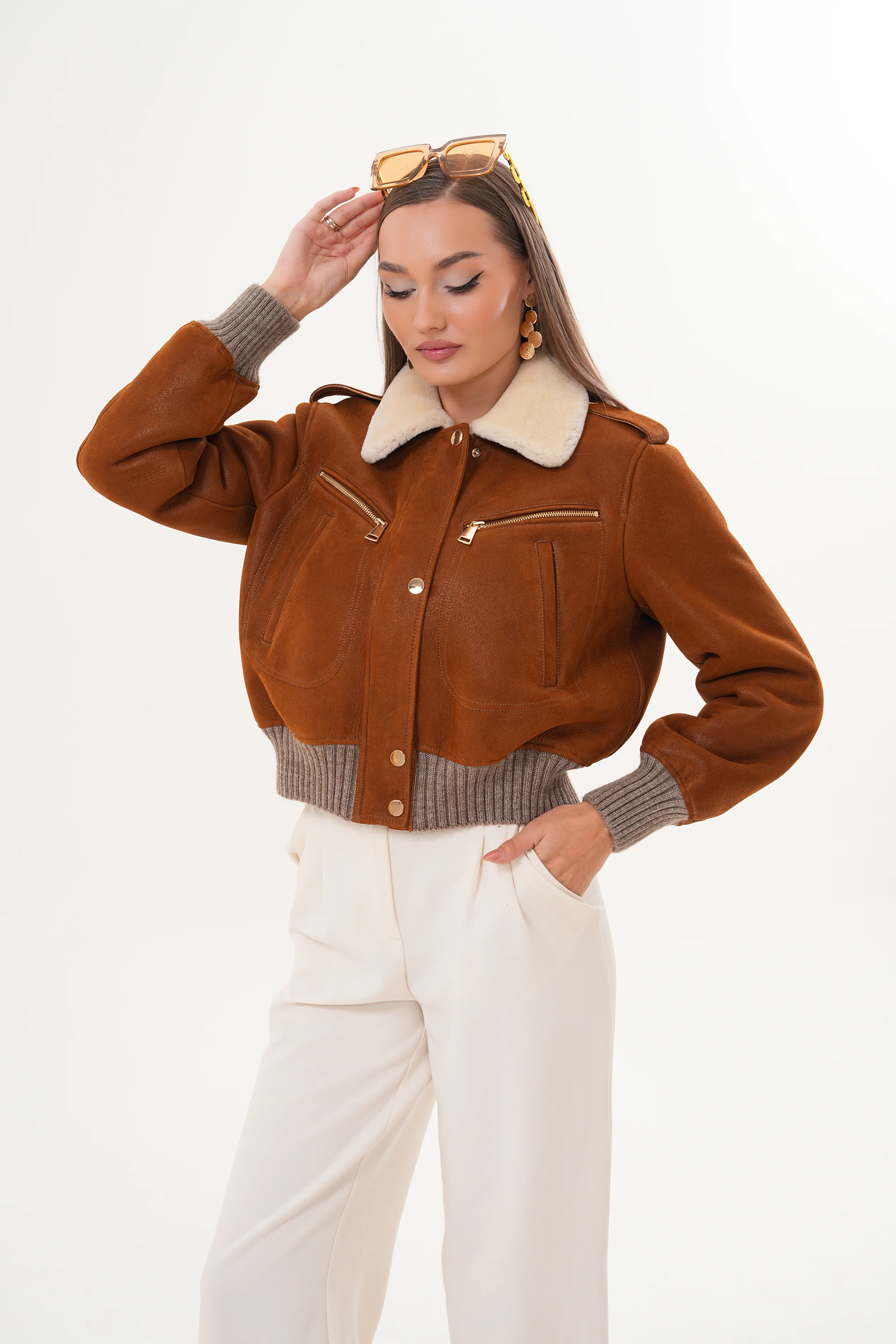 The Amber Shearling Collar Suede Women Leather Jacket - Image 11