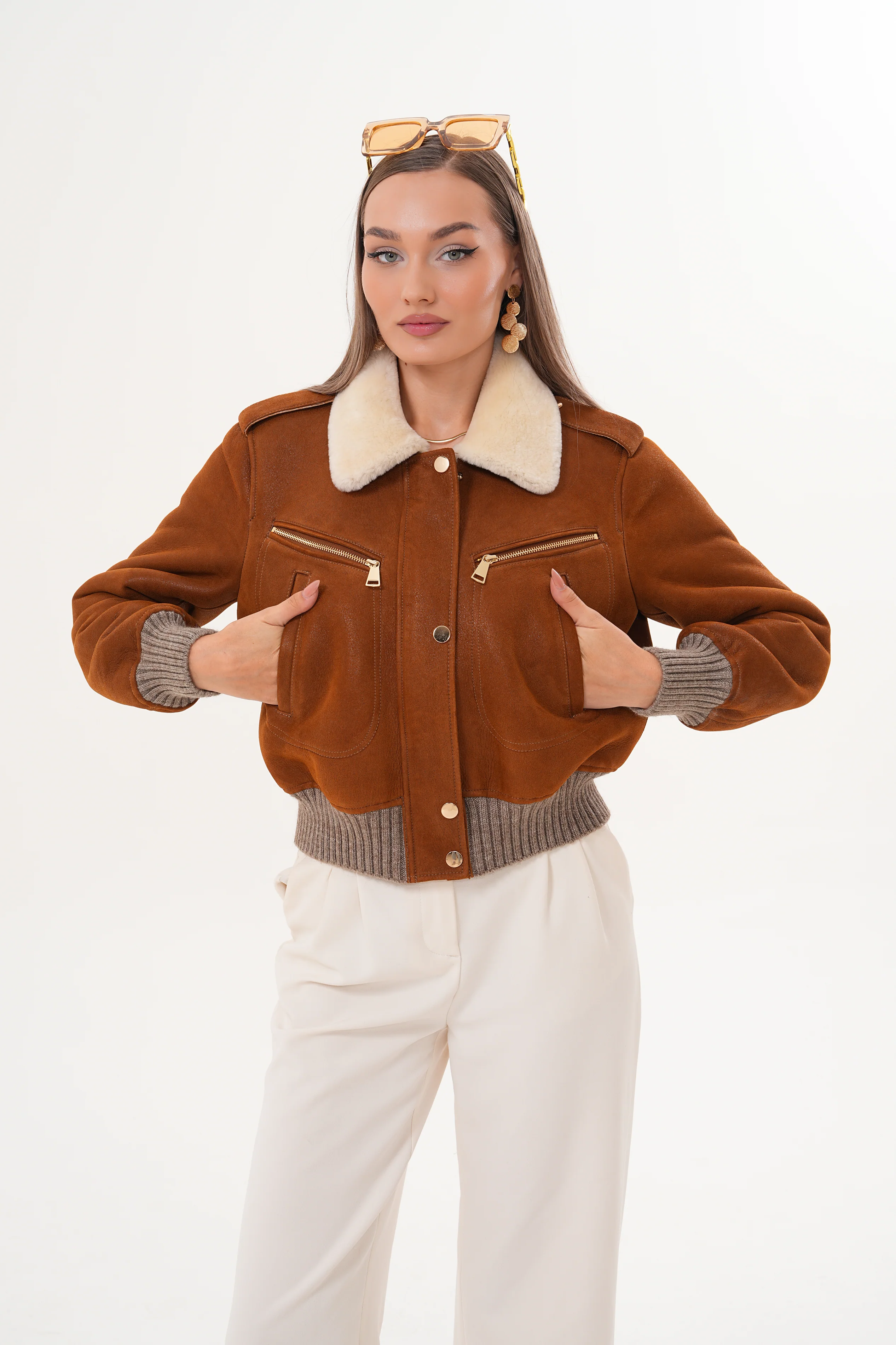 The Amber Shearling Collar Suede Women Leather Jacket - Image 13
