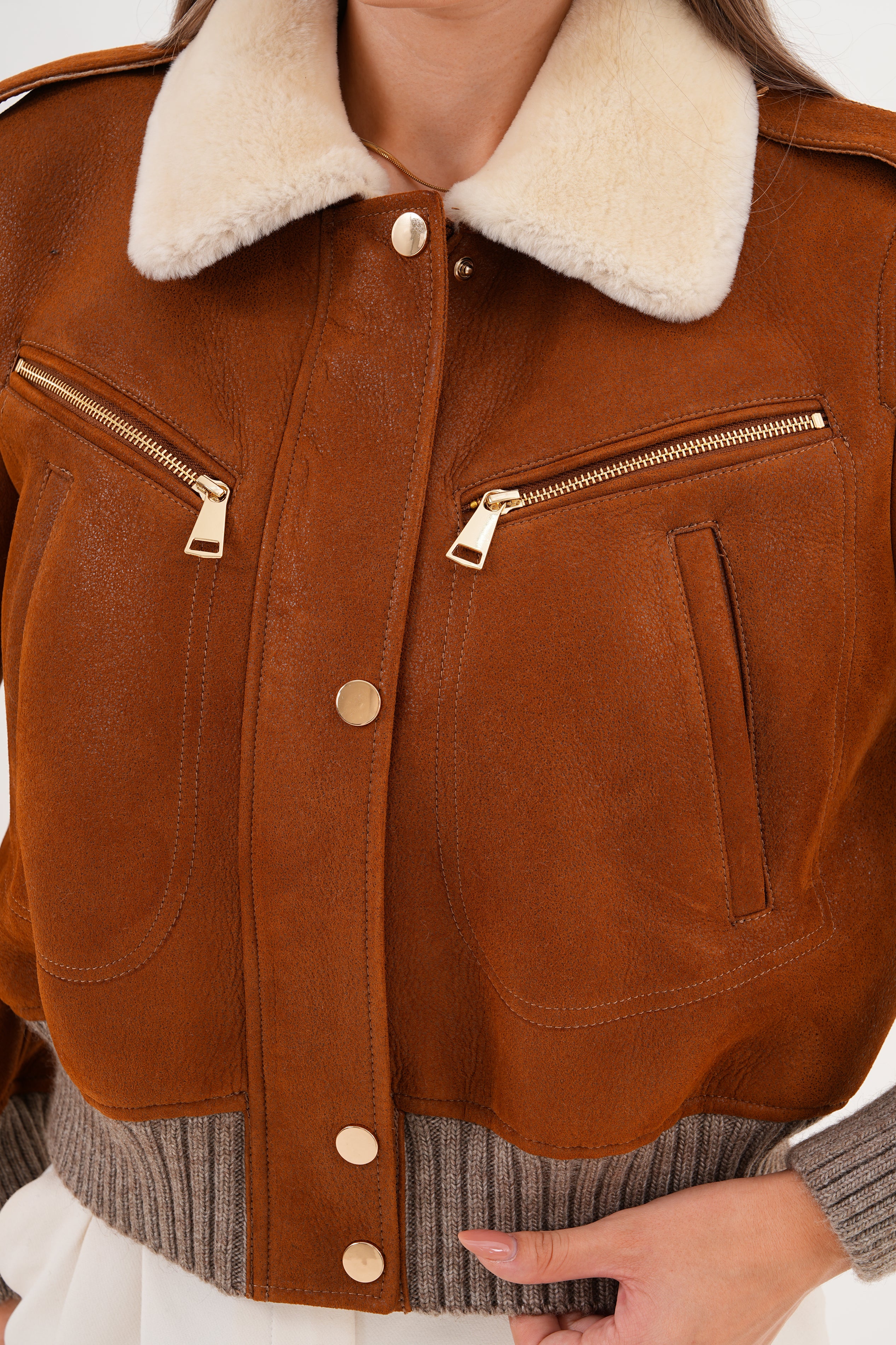 The Amber Shearling Collar Suede Women Leather Jacket - Image 2